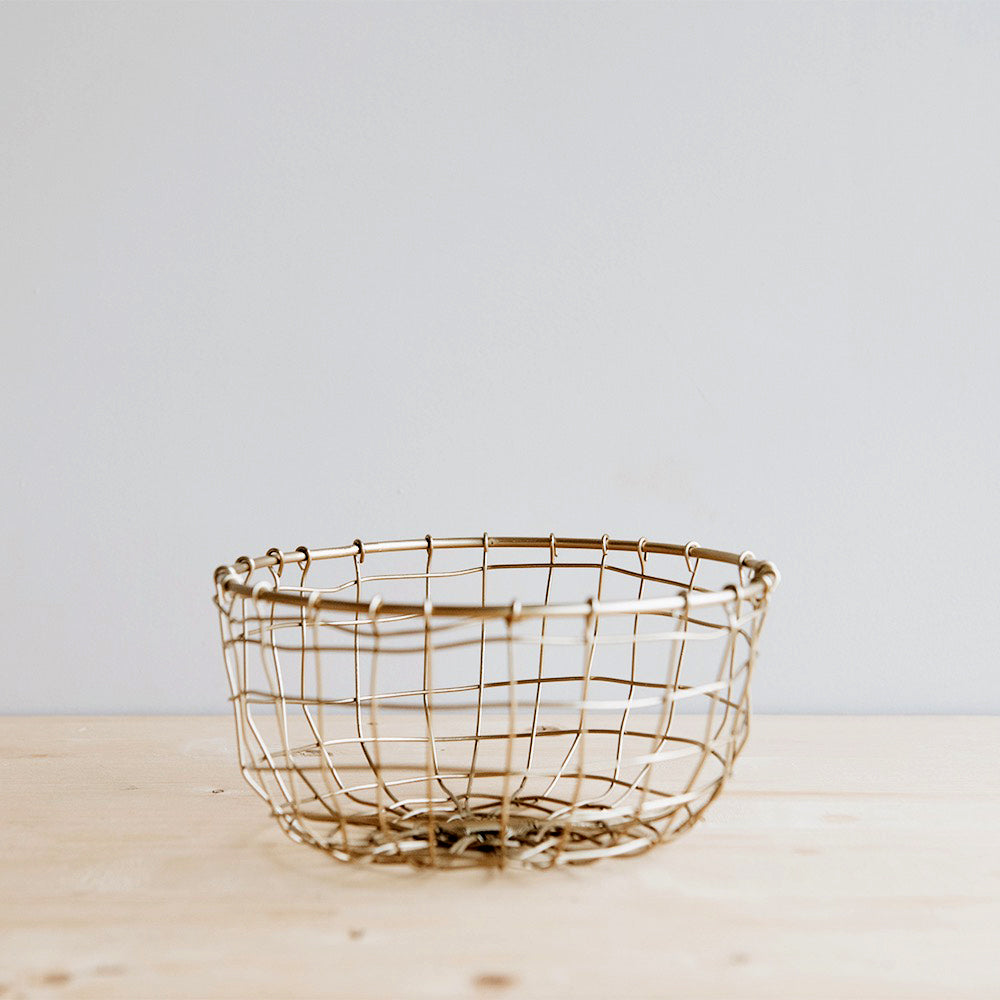 Round Brass Wire Basket - Small Decorative Storage for Bathroom, Kitchen & Office Organization