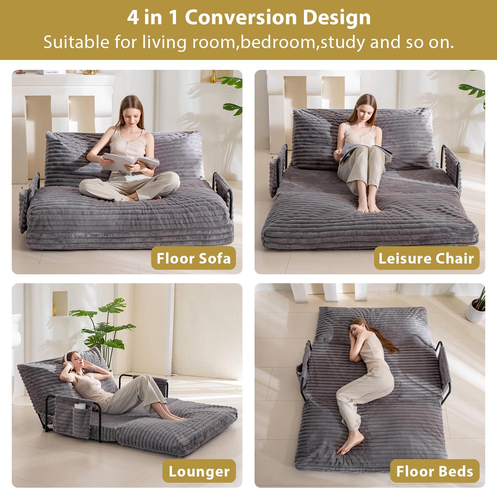 MAXYOYO Adjustable Lazy Floor Sofa - 5 Position Foldable Sleeper Chair with Armrest, Grey | Comfortable Floor Lounger for Living Room, Bedroom & Small Spaces | Perfect for Reading, Napping & Relaxing