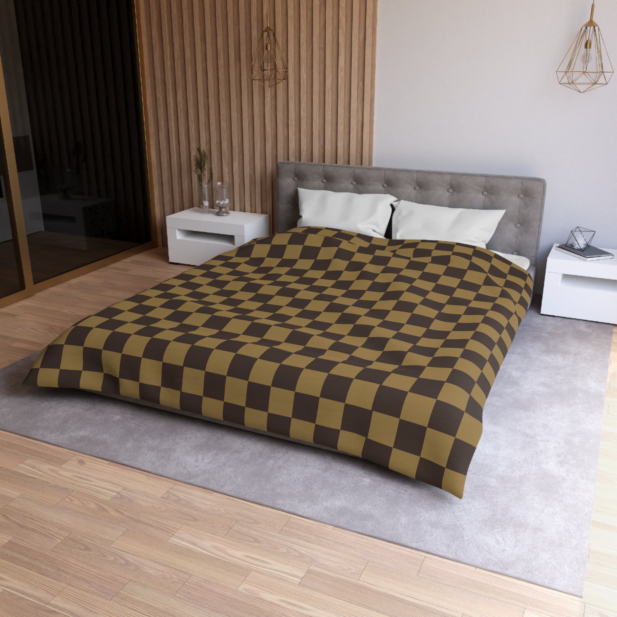 LV-Inspired Checkered Brown Microfiber Duvet Cover Set - Queen, King, Full, Twin Size - Soft Luxury Bedding for Modern Bedroom Decor