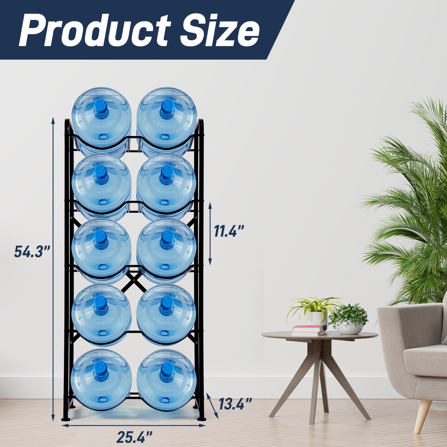5-Tier Heavy Duty Water Bottle Rack - Reinforced Carbon Steel 5 Gallon Jug Holder for 10 Bottles - Space Saving Water Cooler Organizer for Office, Home, Garage, Restaurant & Gym - Perfect for Hydration Stations, Party Beverage Storage & Commercial Use (Black)