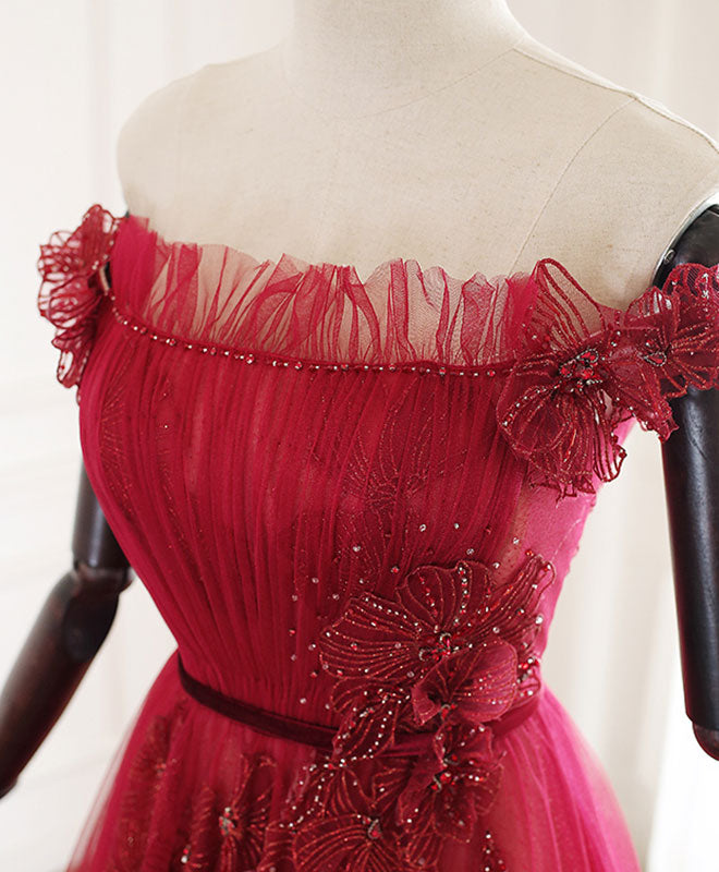 Elegant Burgundy Tulle Lace Long Prom Dress & Evening Gown - Perfect for Homecoming, Formal Dances, and Special Occasions