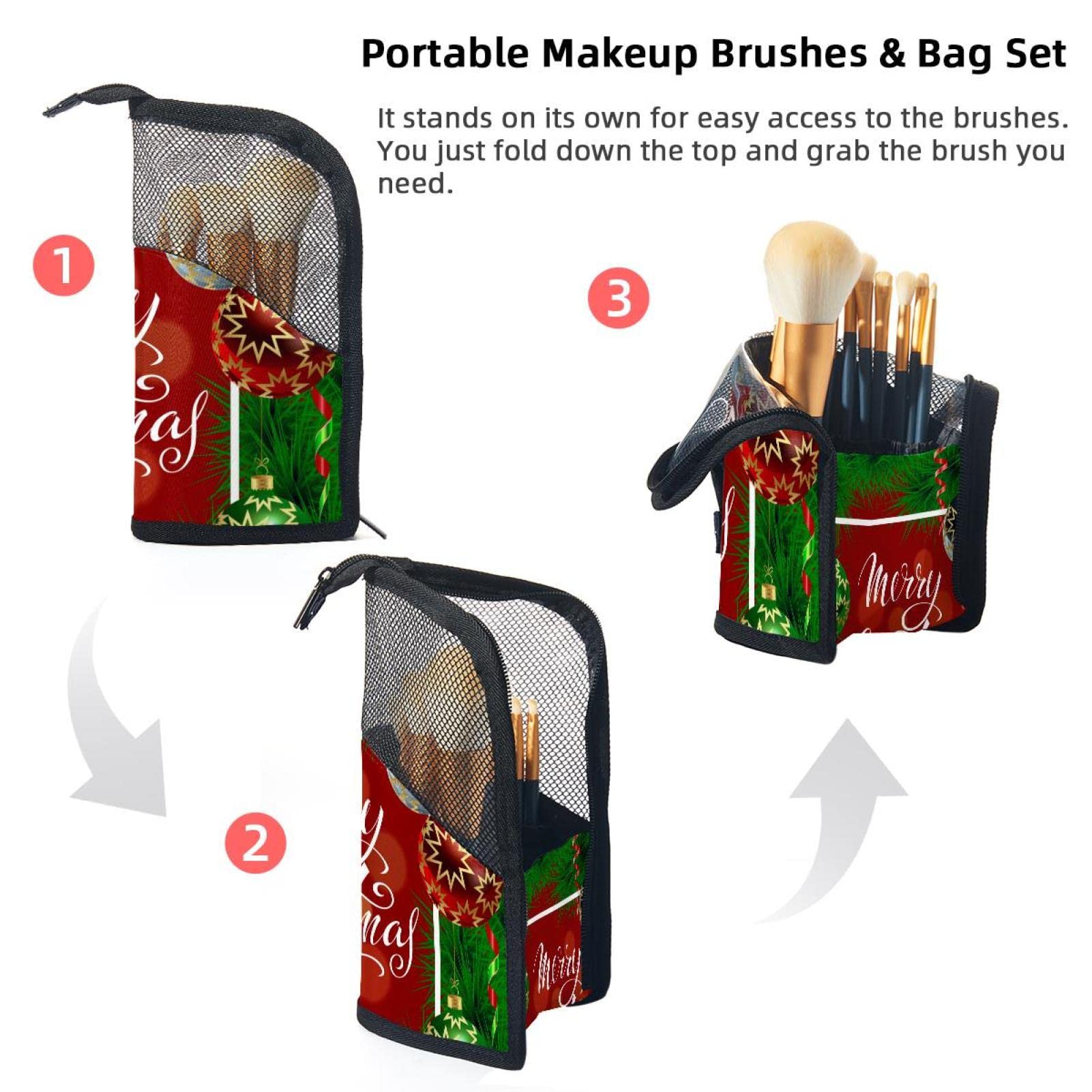 12-Piece Makeup Brush Organizer Bag with Christmas Card - Portable Travel Makeup Brush Holder Case for Professional Artists & Beginners (Perfect for Holiday Gifts, Travel, Salon & Home Makeup Storage)