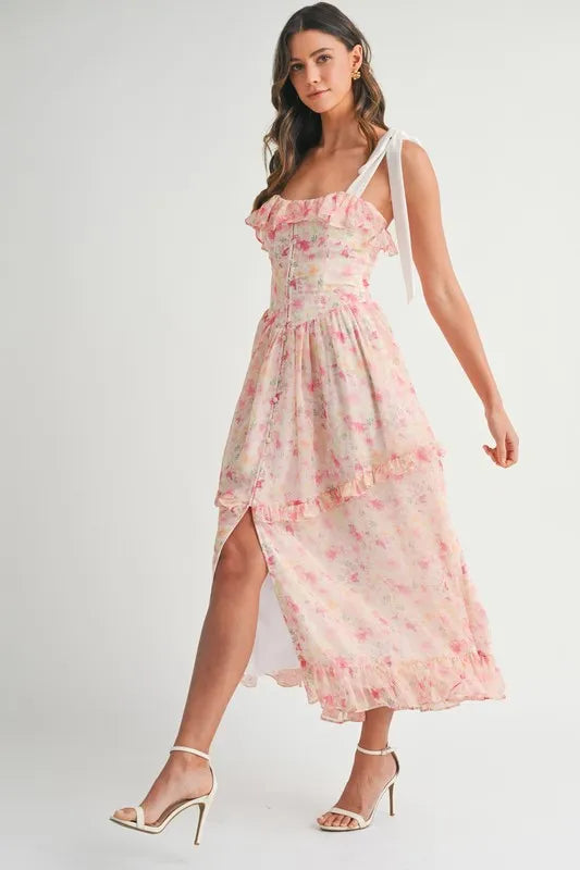 Floral Blush Pink Shoulder Strap Midi Summer Dress - Women's Flowy Boho Dress for Beach, Vacation & Date Night