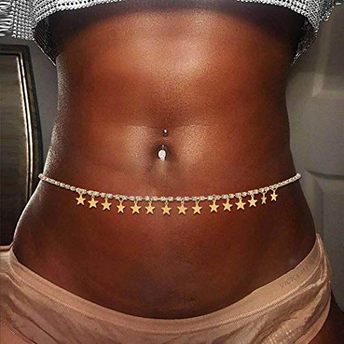ELABEST Shiny Rhinestone Waist Chain - Sparkly Crystal Belly Chain with Star Tassel - Elegant Body Jewelry for Women & Girls (Gold) | Perfect for Music Festivals, Beach Parties & Boho Fashion