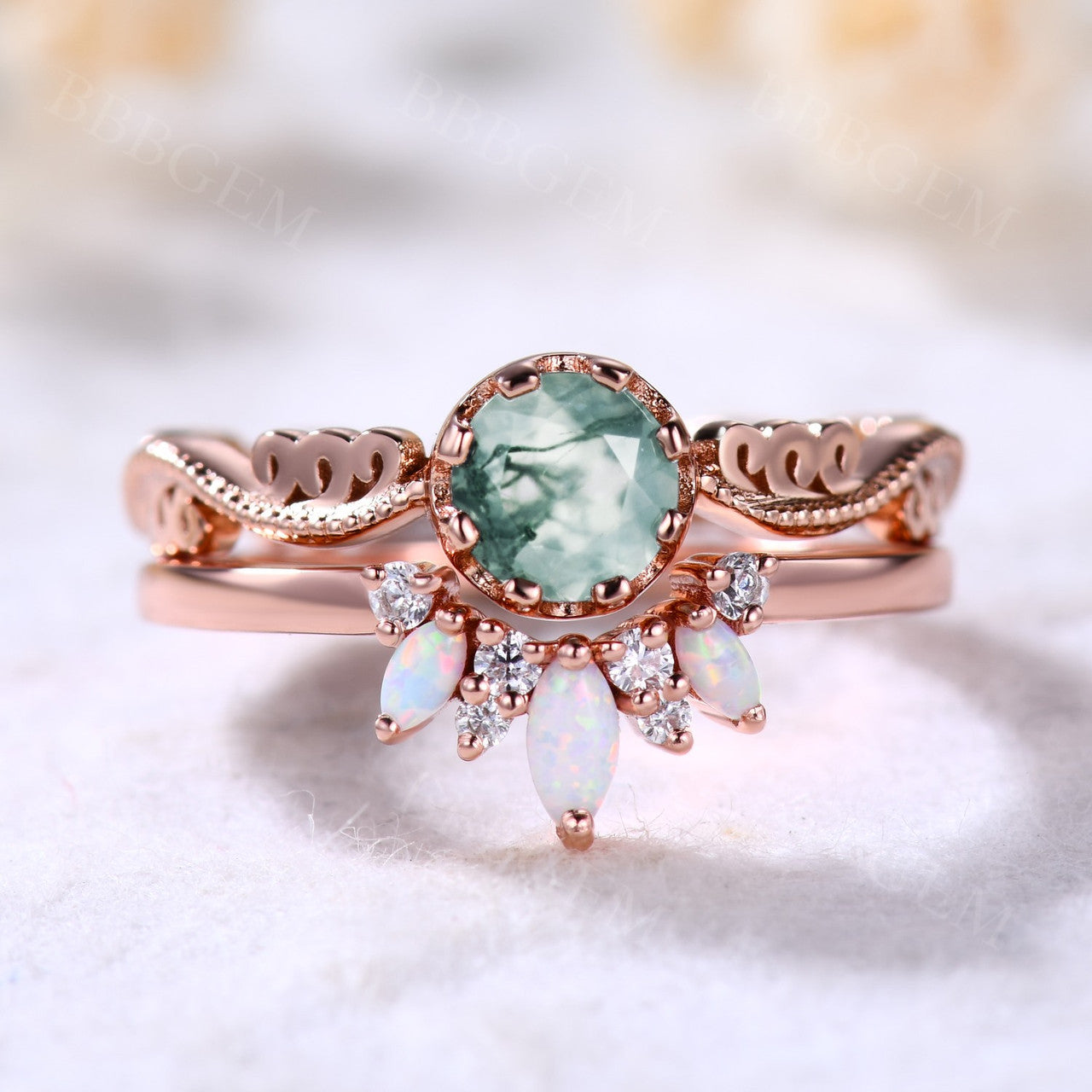 Natural Moss Agate Opal Diamond Engagement Ring Set - Vintage Art Deco Style Wedding Band for Bride - Perfect for Proposals, Anniversaries & Special Occasions