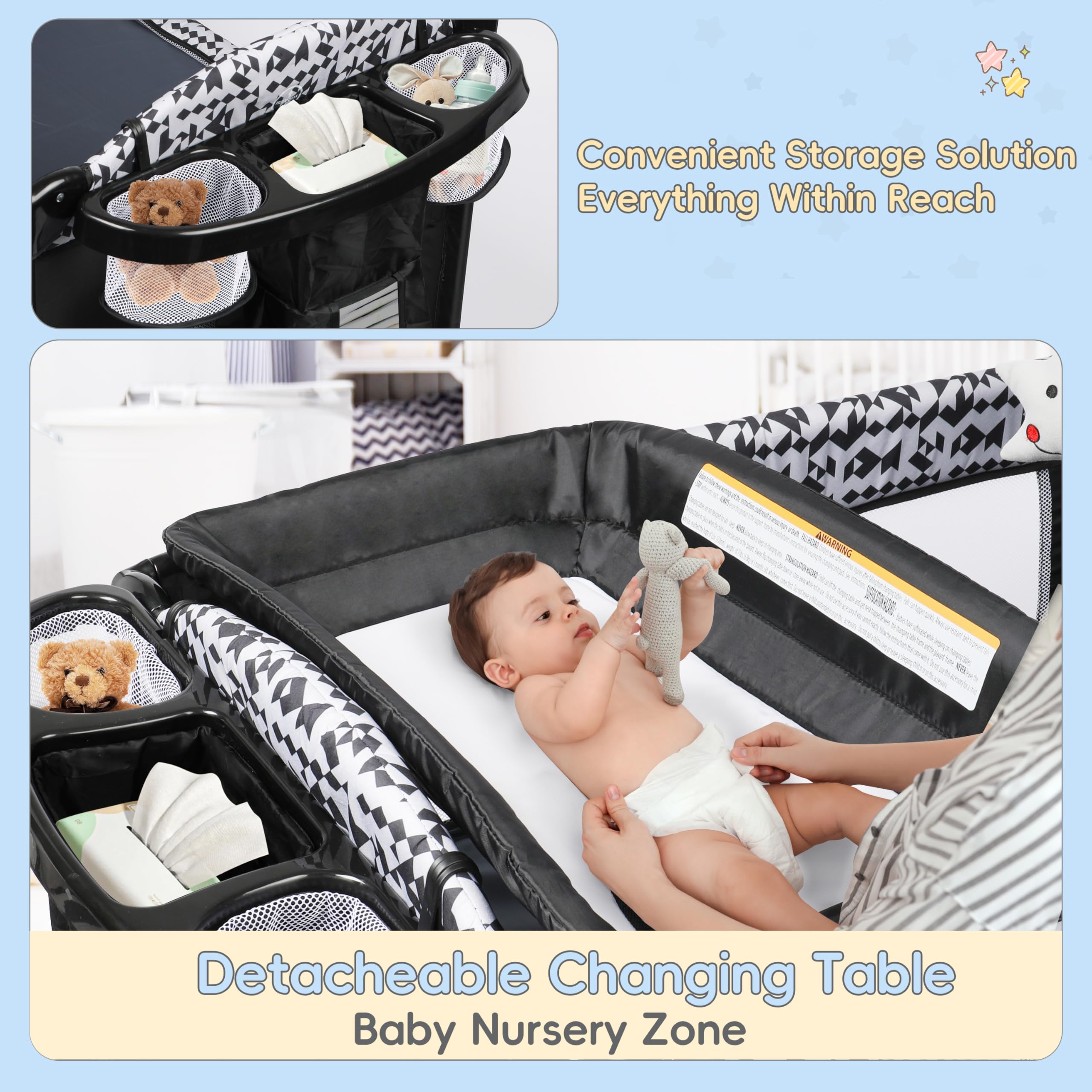 Xilingol 5-in-1 Portable Baby Playard with Bassinet, Bedside Sleeper, Diaper Changer, Storage Bag & Soothing Music Box - Foldable Travel Crib with Carry Bag for Newborns to Toddlers - Perfect for Nursery, Bedroom & On-the-Go Parenting