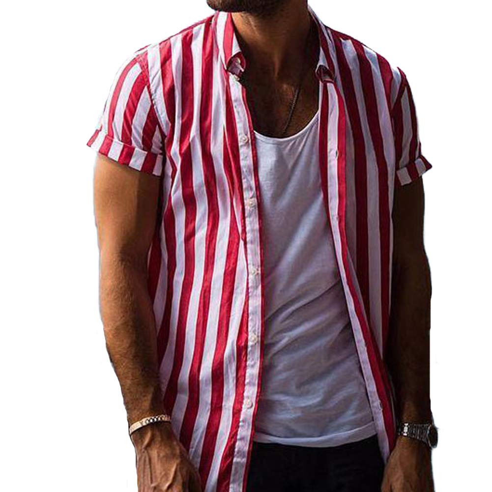 Men's Slim Fit Short Sleeve Casual Shirt - Vertical Striped Button Down Dress Shirt with Color Block Hawaiian Style | Perfect for Beach Vacations, Summer Parties & Business Casual Wear