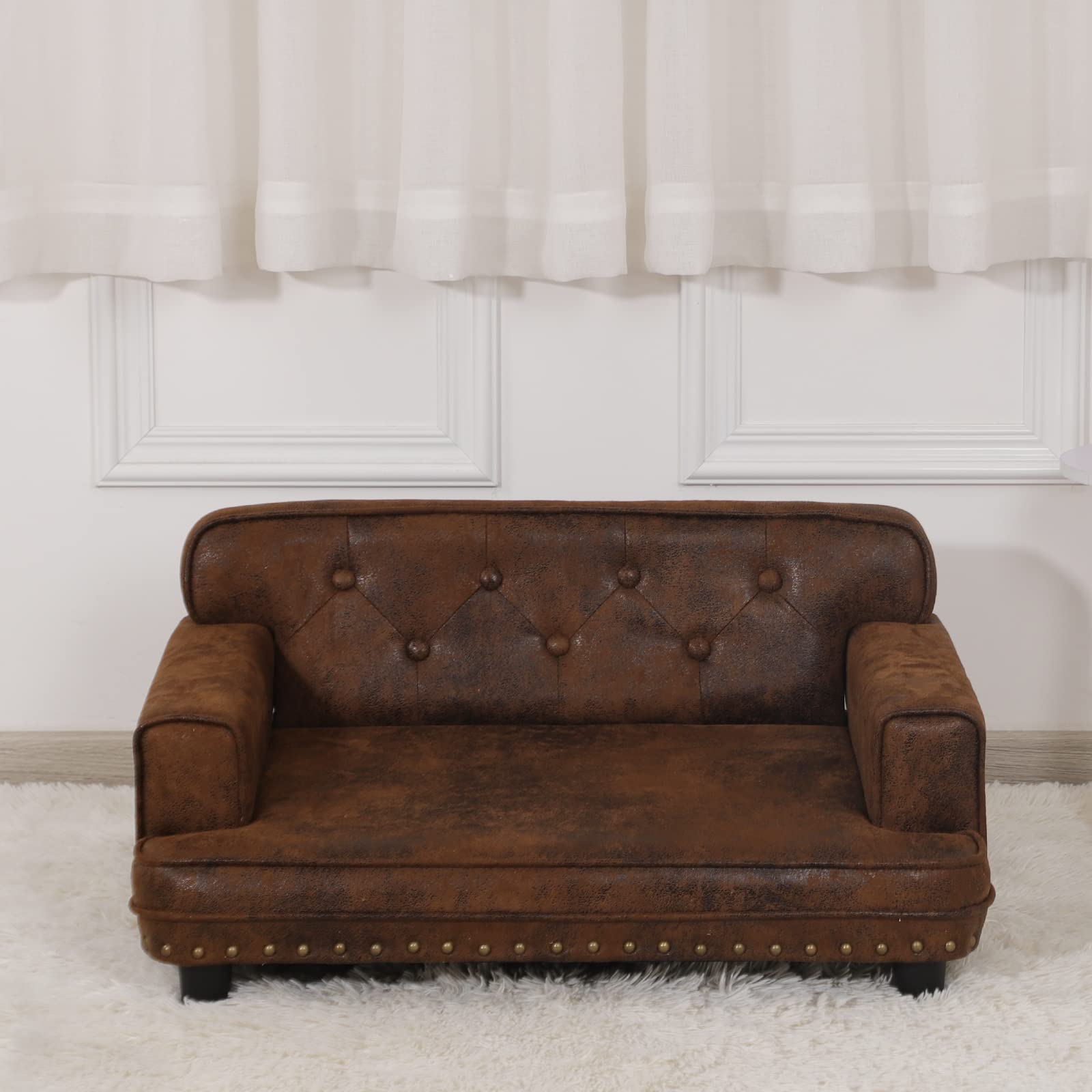 Premium Orthopedic Dog Bed & Cat Sofa - Wooden Frame Suede Pet Couch for Small Breeds, Washable Removable Cover (Coffee Brown) - Perfect for Living Room, Bedroom & Pet Nursery Comfort