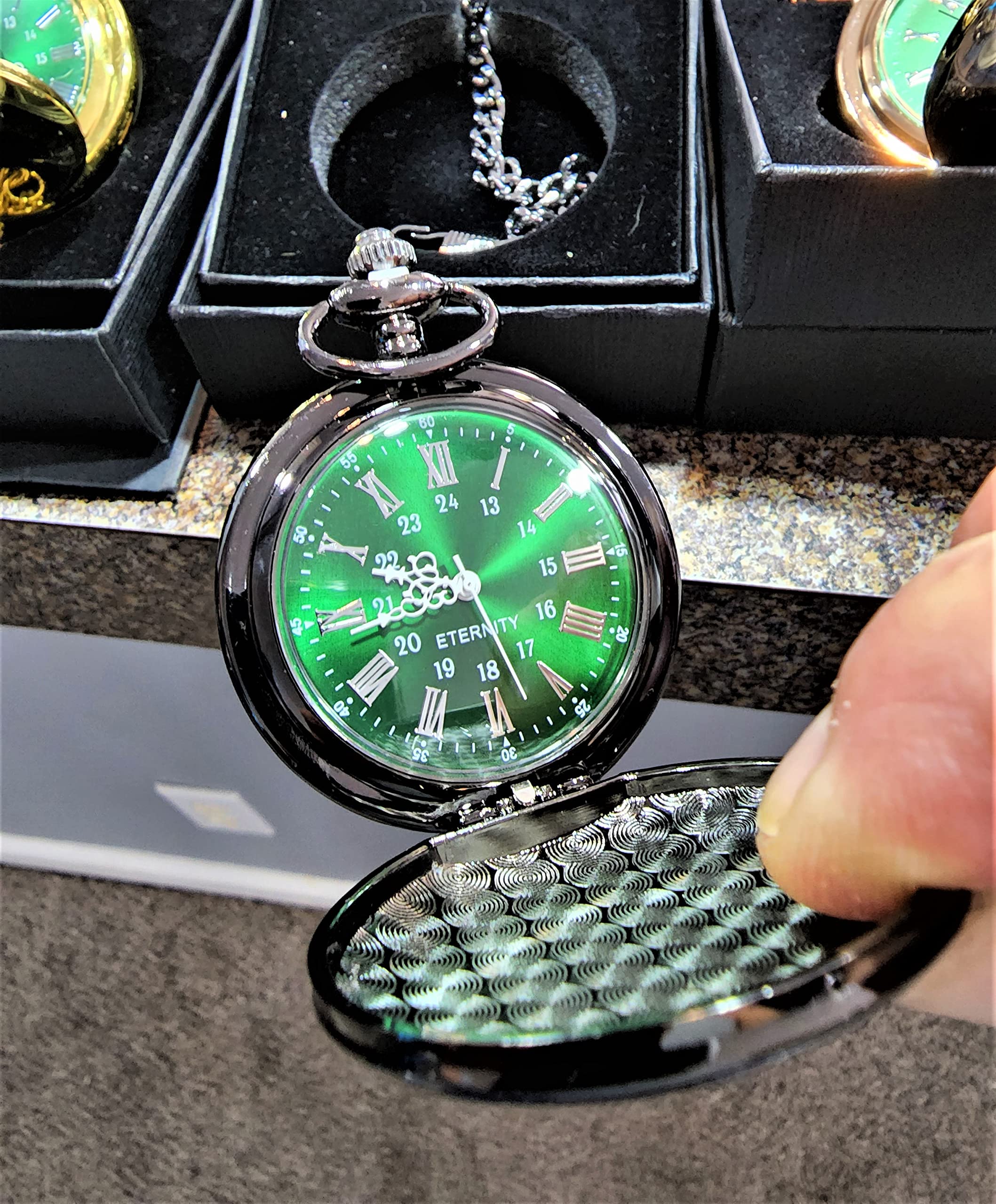 Personalized Vintage Engraved Pocket Watch with Green Dial & Roman Numerals - Includes Chain, Fitted Box & Custom Engraving - Perfect for Gifts, Weddings, and Antique Collectors (Black)