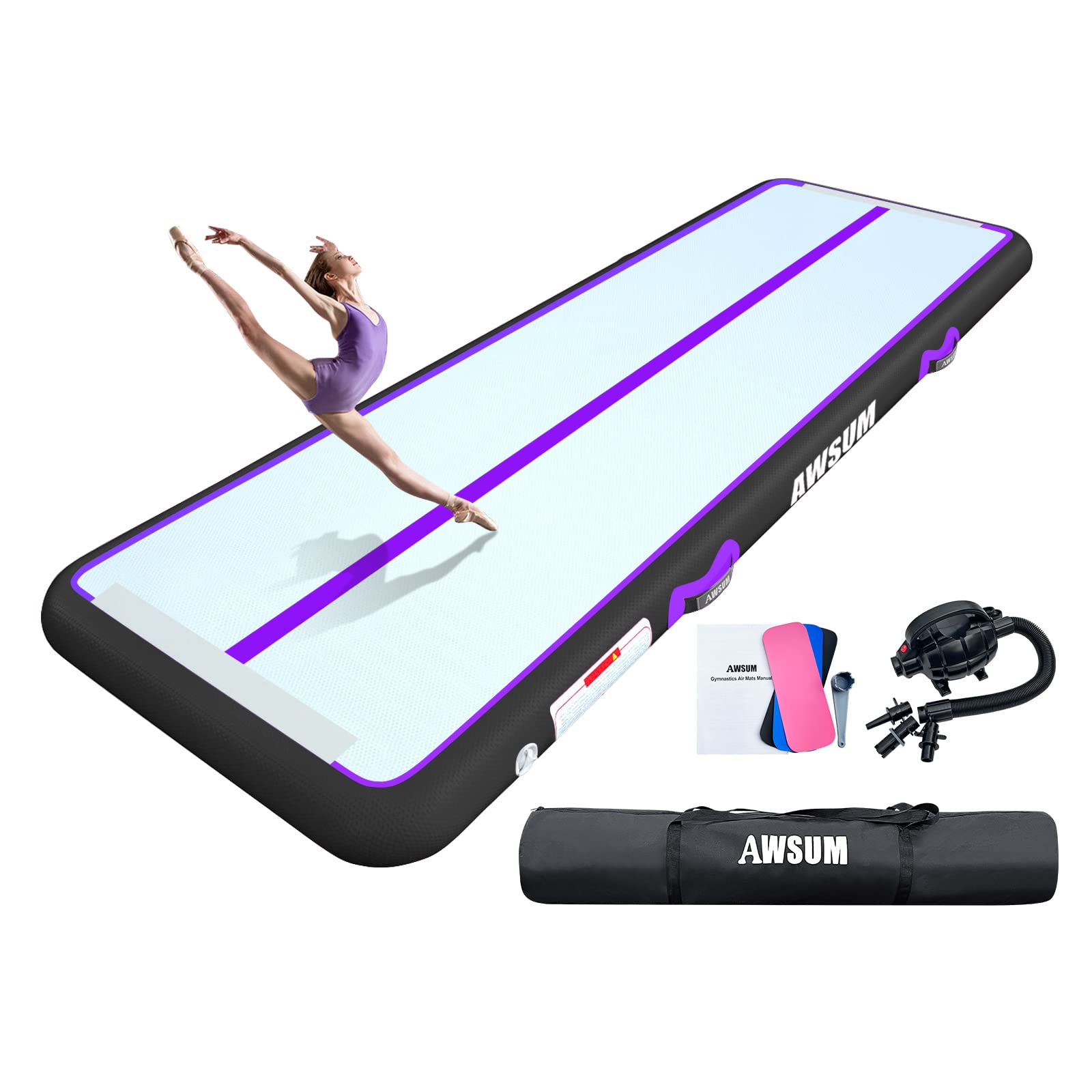 **AWSUM Inflatable Air Gymnastics Mat 10ft/13ft/16ft/20ft/23ft - 4/8 Inches Thick Tumbling Training Mat with Electric Pump - Perfect for Home, Gym, Park & Outdoor Use**