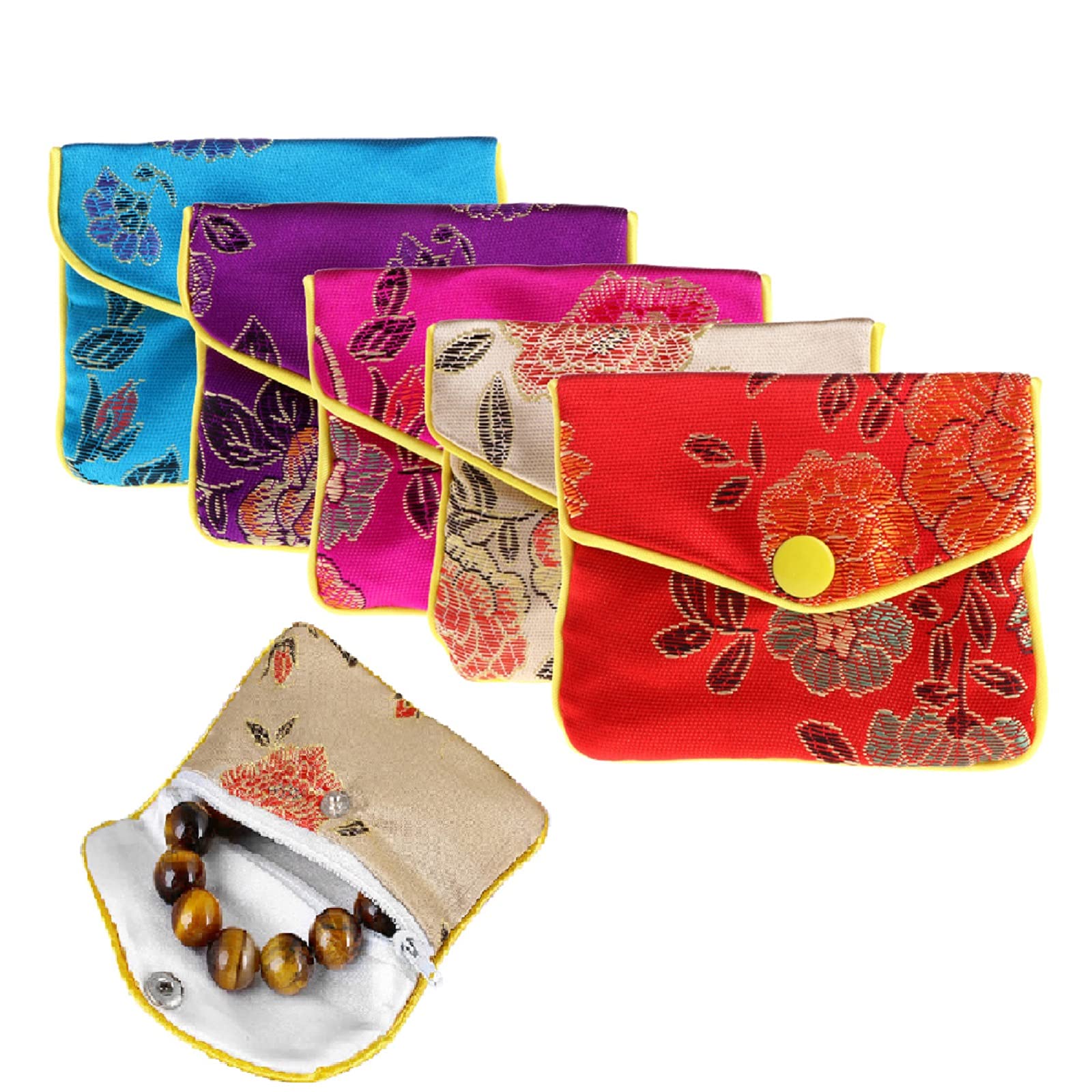 30Pcs Embroidered Silk Jewelry Pouches - Chinese Brocade Coin Purse Organizers with Zipper Snap Closure for Women & Girls (5 Colors) - Perfect for Travel, Wedding Gifts & Jewelry Storage