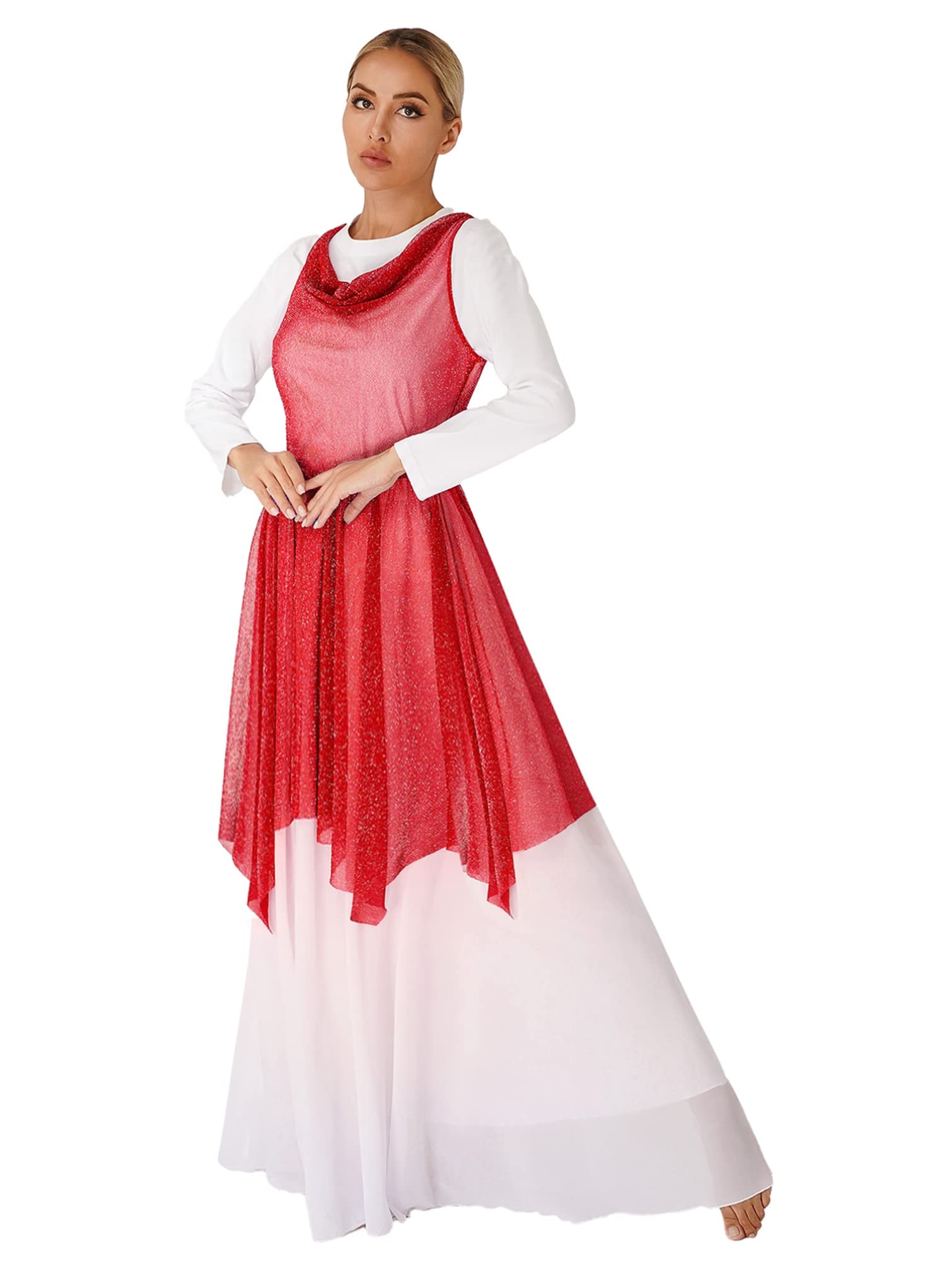 TiaoBug Women's Glittery See-Through Worship Dance Tunic - Praise & Liturgical Overlay Dress for Lyrical Dance Performance (Church, Stage, Worship Team Use)