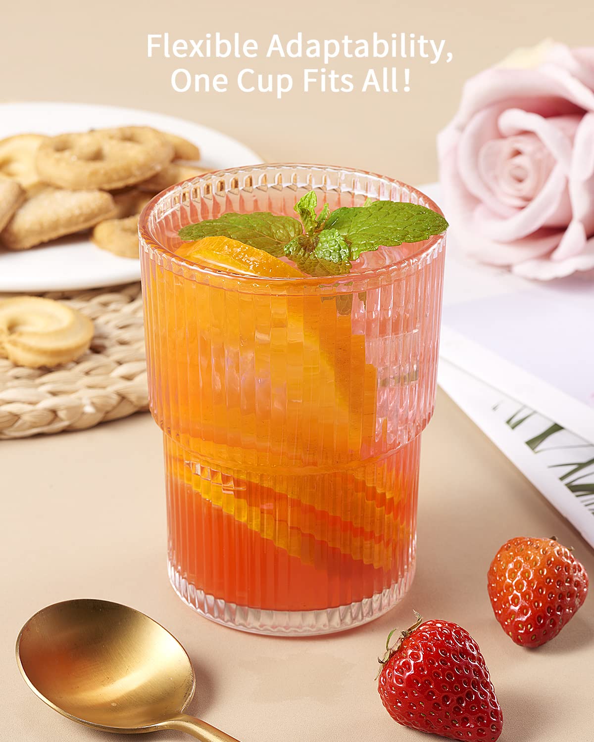 14 Oz Ribbed Drinking Glasses Set of 6 - Vintage Ripple Glass Cups for Iced Coffee, Cocktails & Water | Durable Fluted Glassware for Home Bar, Restaurant & Party Use