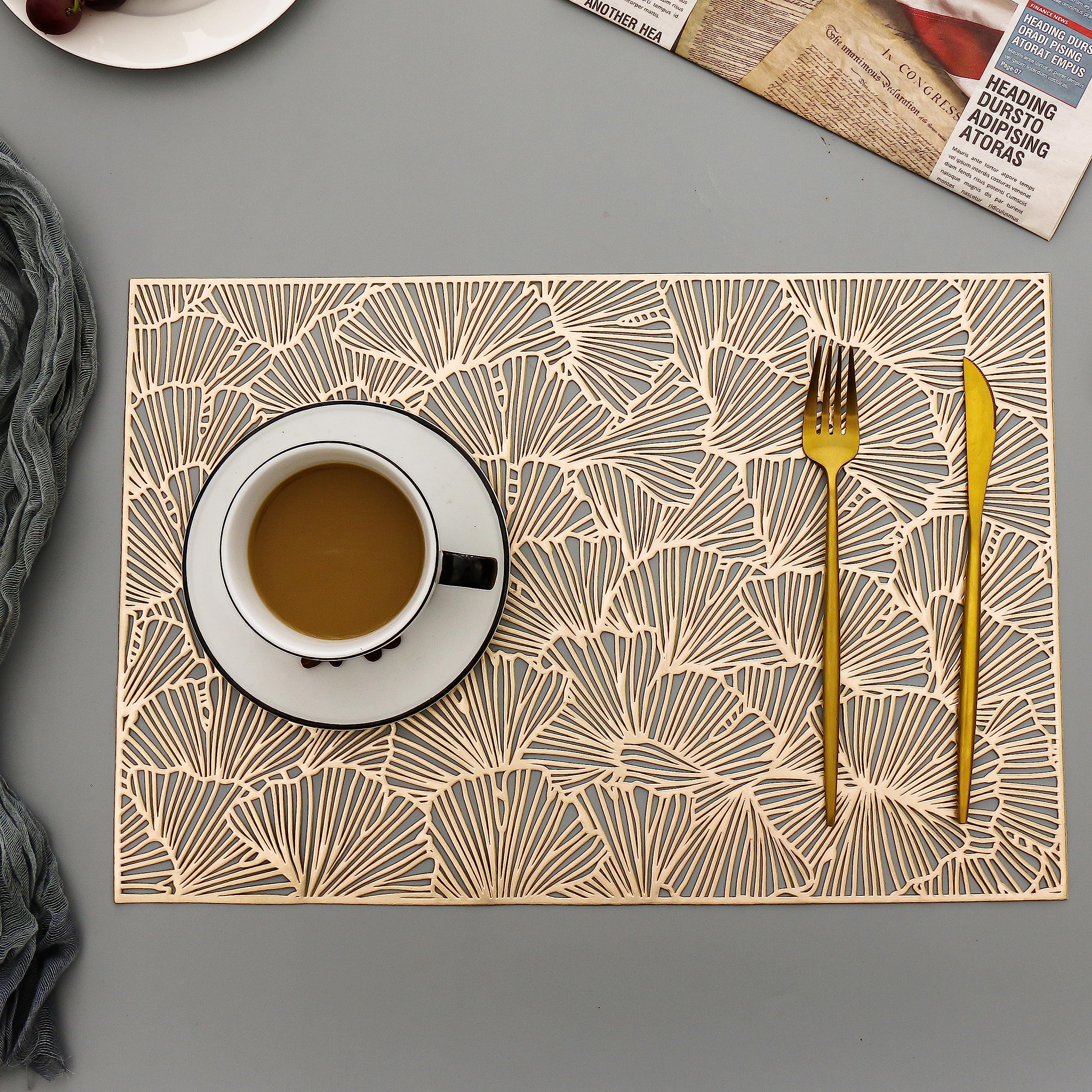 FAVE Heat Resistant Rectangle Placemats Set of 4 - Washable Vinyl Table Mats with Ginkgo Leaf Pattern & Gold Metallic Finish - Elegant Dining Table Decor for Home, Kitchen, and Party Use