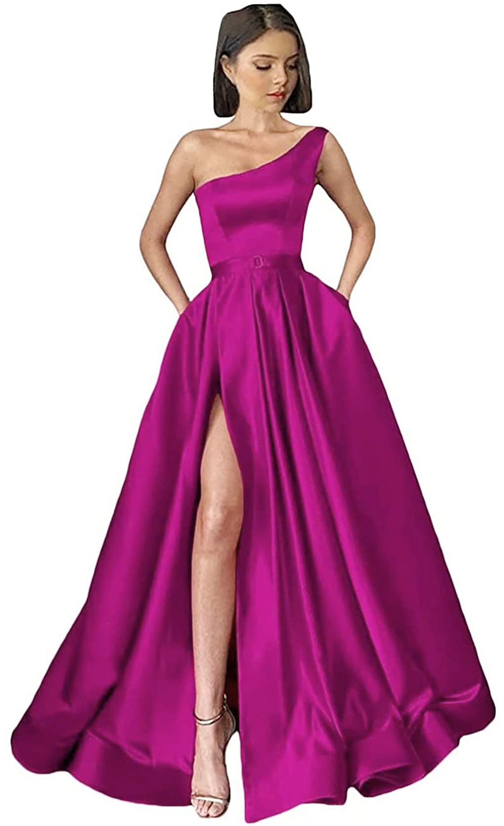 ANGELWARDROBE Women's Long One Shoulder Prom Dress - A-Line Satin Formal Evening Gown with Slit Pockets for Homecoming, Wedding, Party & Special Occasions