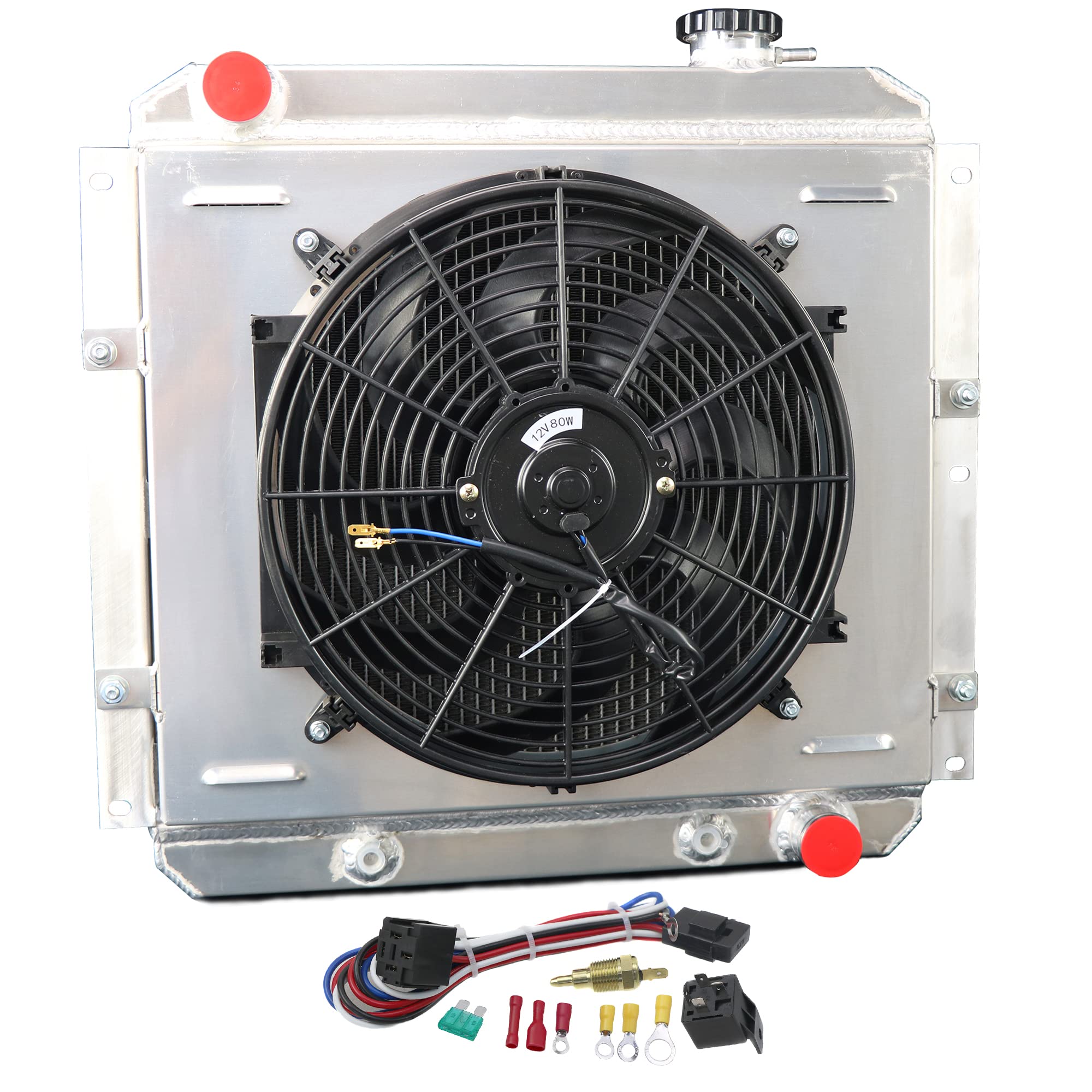 CU180 Aluminum Radiator Compatible with 1960-1984 Toyota Land Cruiser FJ40 FJ60 3.9L 4.2L L6 Engine - 3 Row Heavy Duty Cooling System with Fan Shroud & Relay Kit - Perfect for Off-Roading, Overlanding & Extreme Weather Conditions