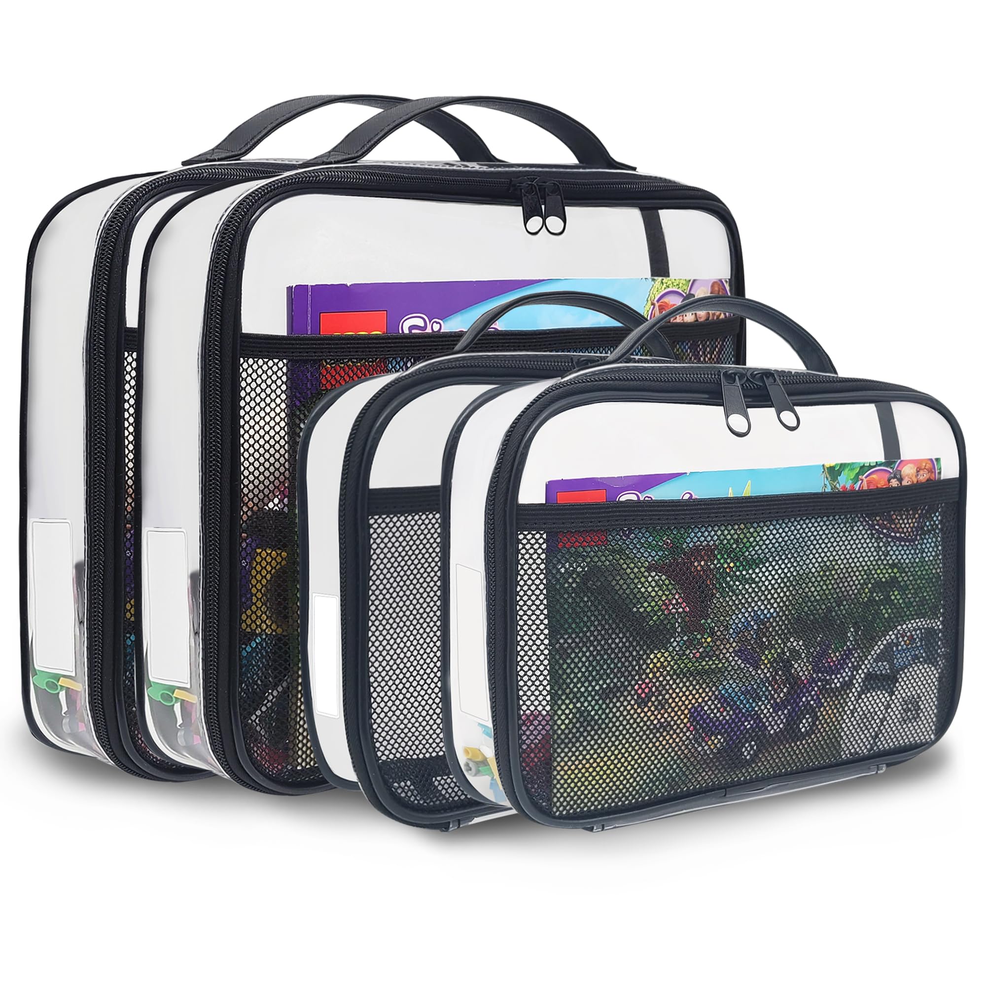 Holay 4-Pack PVC Zippered Storage Organizer Case for Toys, Clay & Board Games - Small & Large Sizes with Name Tag & Manual Pocket (Black) - Perfect for Kids' Room Organization & Travel Toy Storage