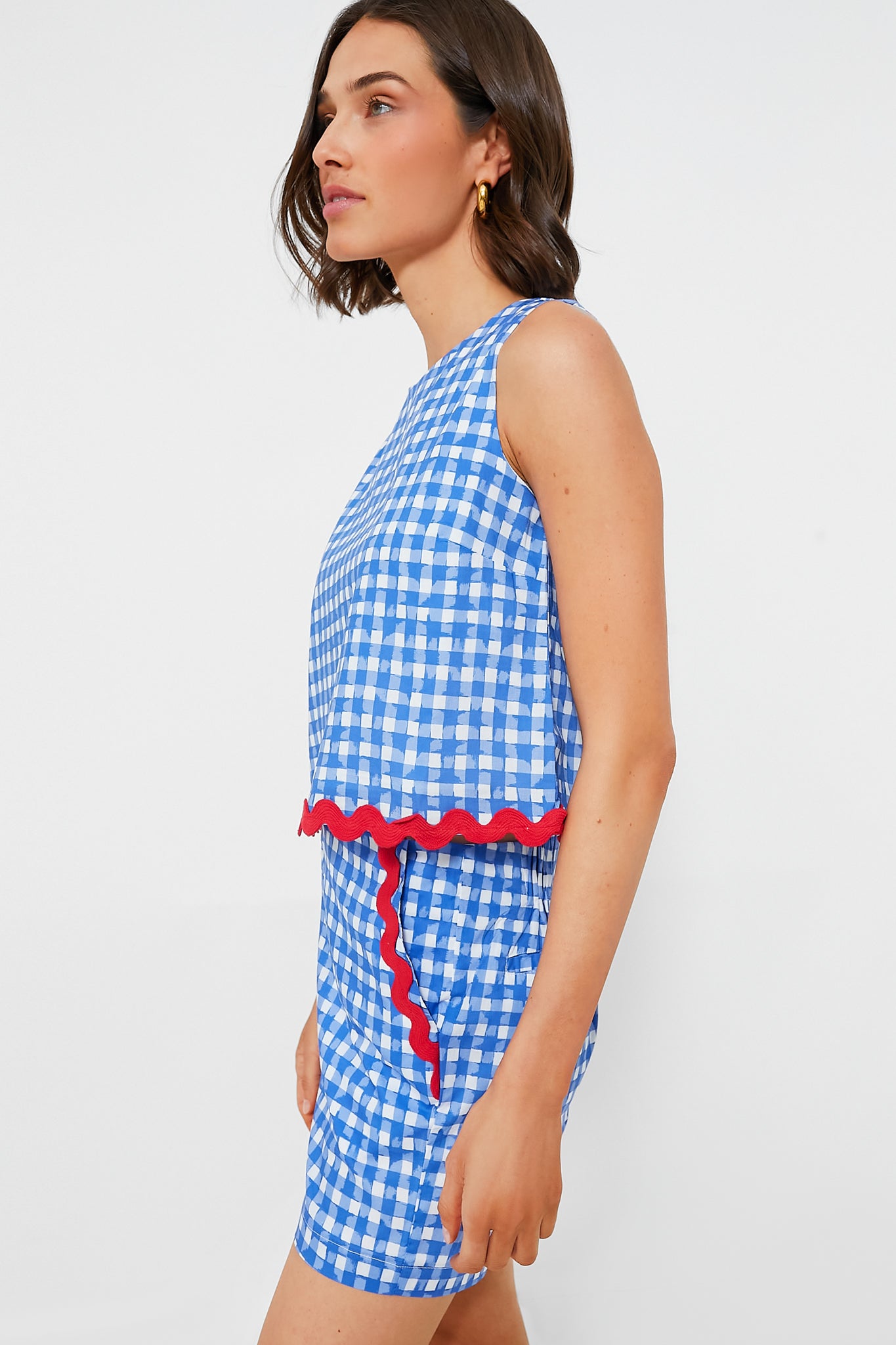 Blue Gingham Sleeveless Short Set for Women - Summer Casual Outfit, Beach Vacation, Lounge Wear