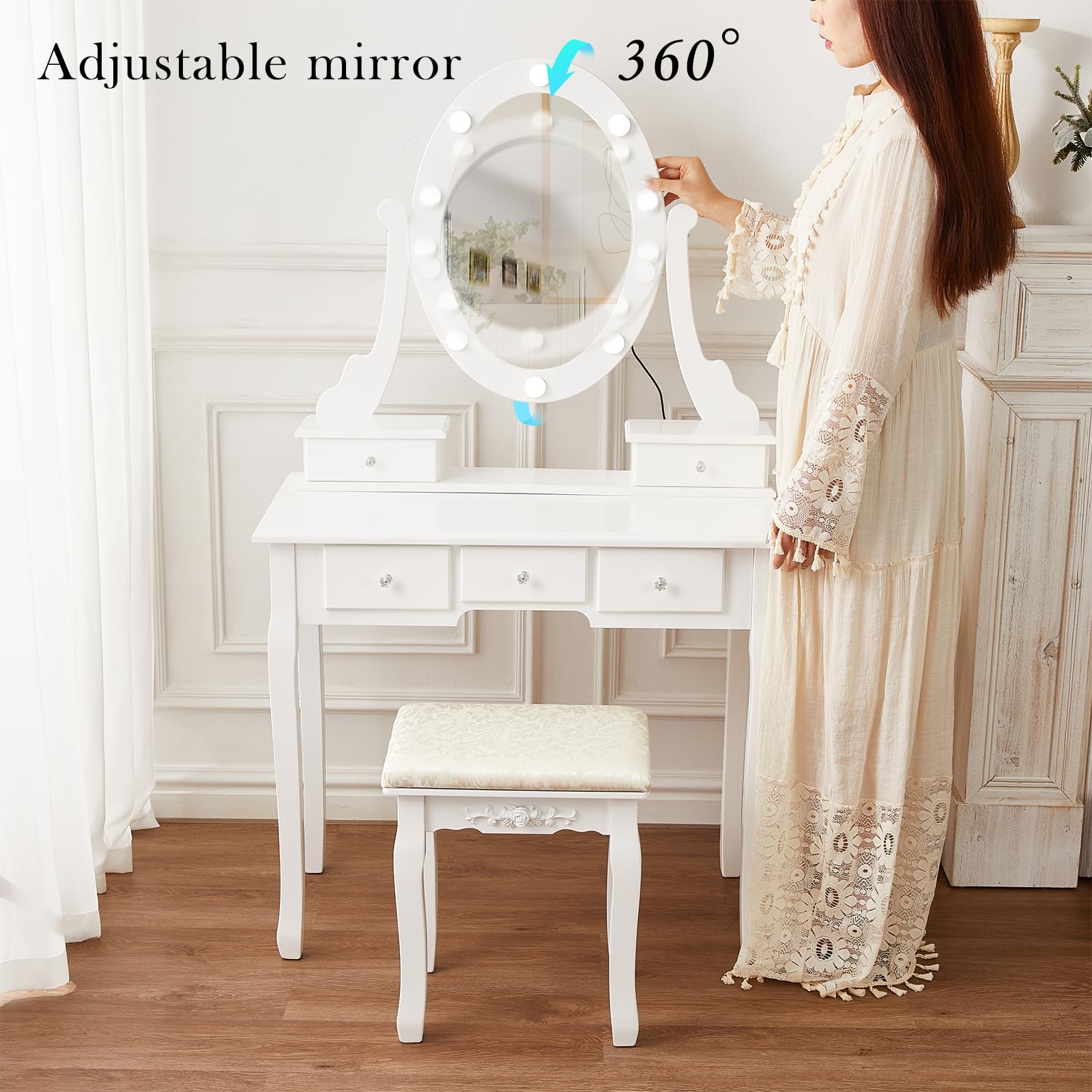 Makeup Vanity with Lights - Vintage Vanity Set with 5 Drawers, Mirror & Adjustable LED Lights - White Vanity Desk with Matching Chair - Perfect for Bedroom, Dressing Room & Beauty Salon