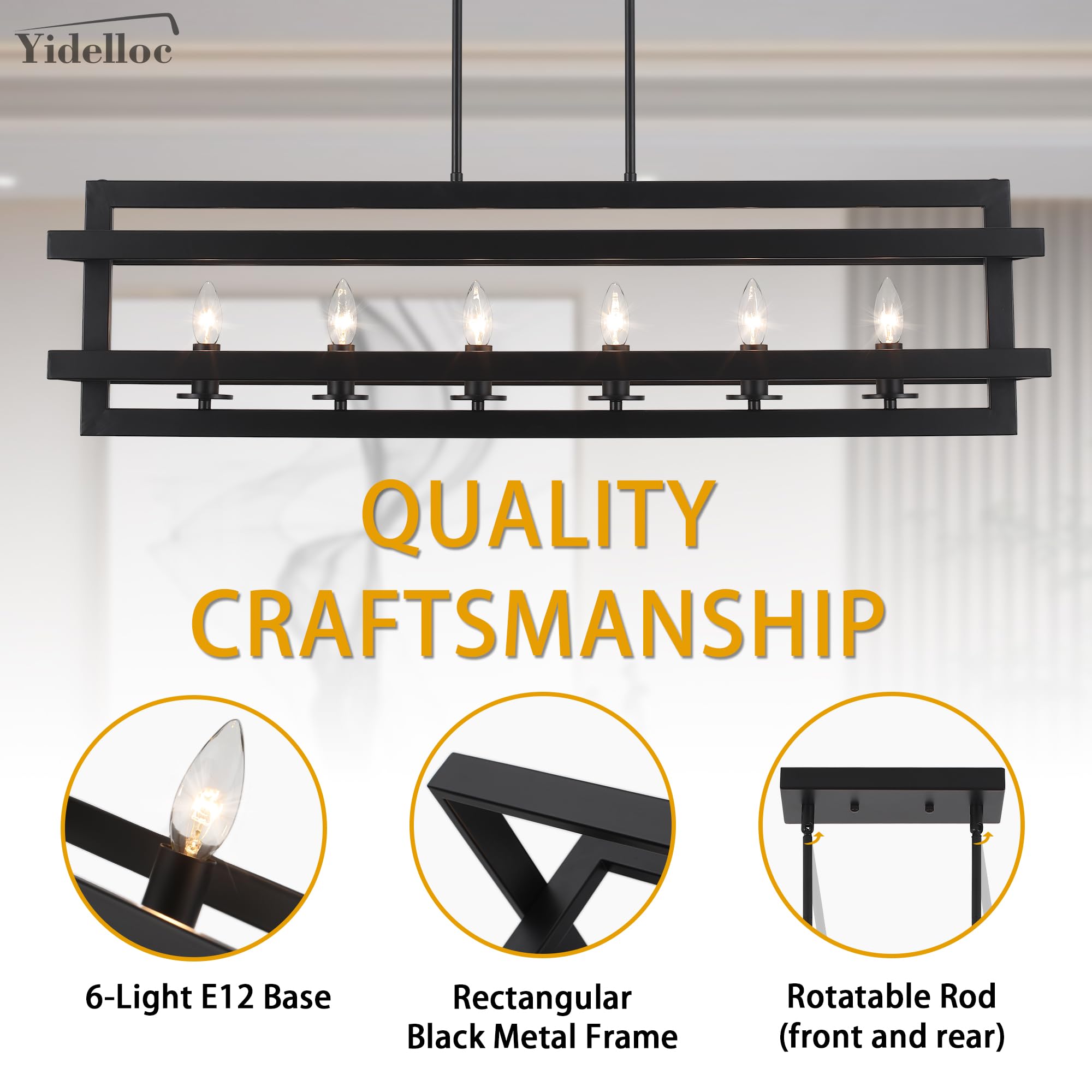 Modern Black Rectangle Chandelier - 6-Light Farmhouse Pendant Lighting for Kitchen Island, Dining Room & Living Room | Rustic Cage Design for Home Decor