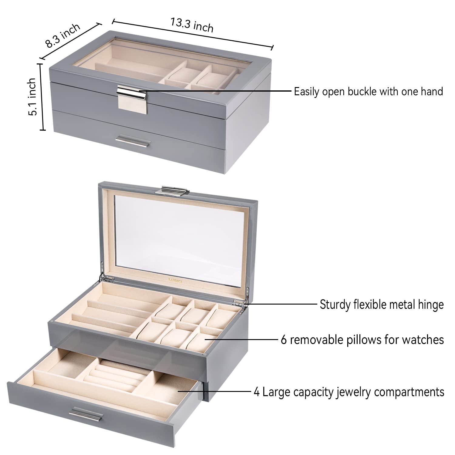 Premium 2-Layer PU Leather Watch Box Organizer for Men & Women - Large Jewelry Storage Case with Display Holder for Watches, Sunglasses, Bracelets, Necklaces & Rings (Grey & Apricot) - Perfect for Home, Office & Travel Organization