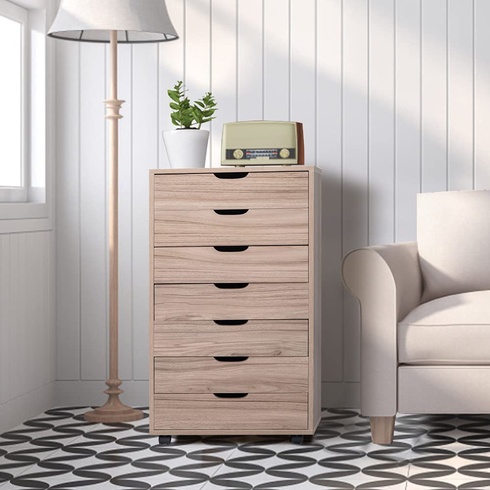 Lonobea 7-Drawer Rolling File Cabinet with Wheels - Modern MDF PVC Storage Dresser with Grey Oak Finish for Office, Living Room, Bedroom & Entryway - Space-Saving Organizer for Documents, Clothes & Home Essentials