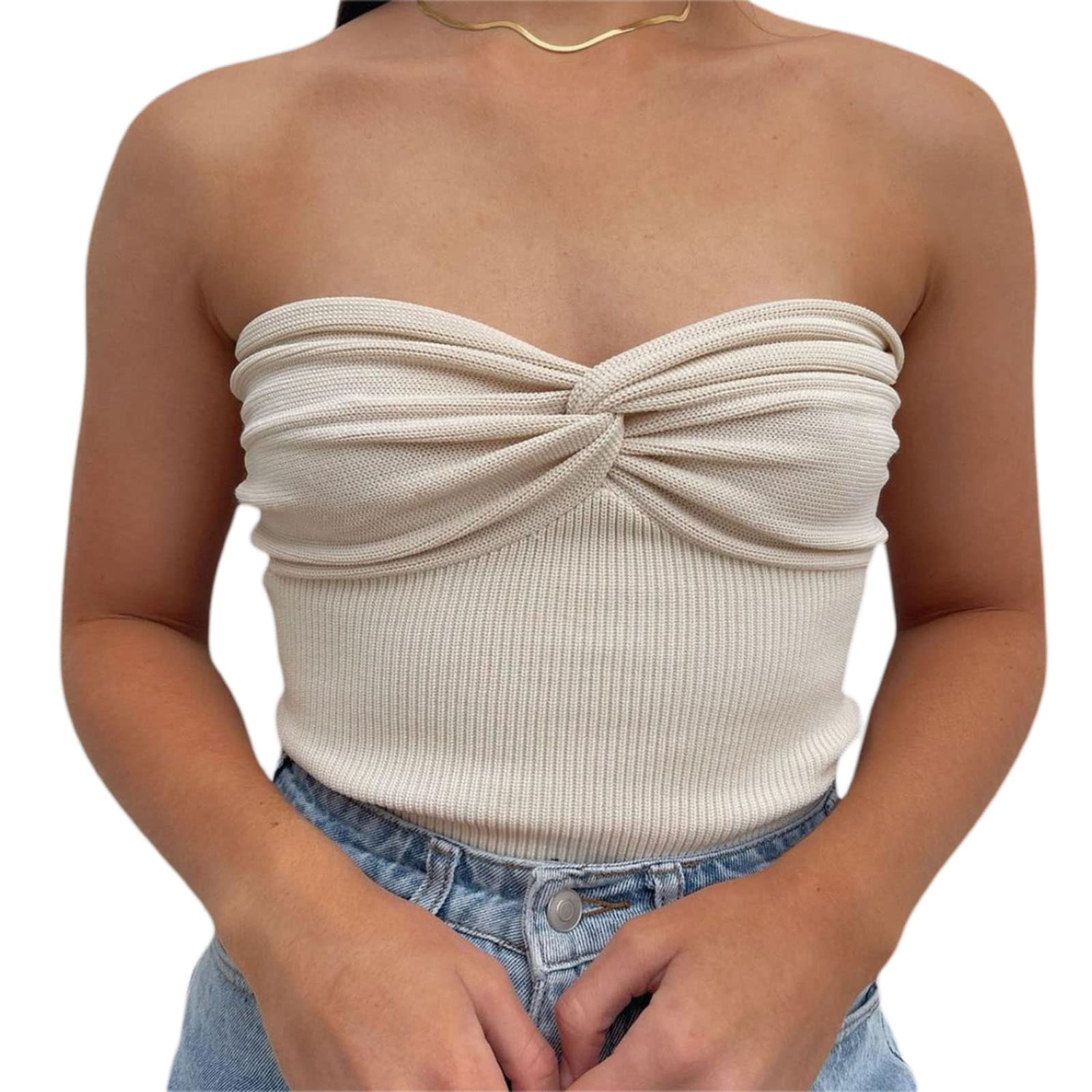 Sexy Strapless Knit Tube Crop Top for Women - Twist Knot Front Design, Summer Going Out Tops | Perfect for Beach Parties, Date Nights & Club Wear