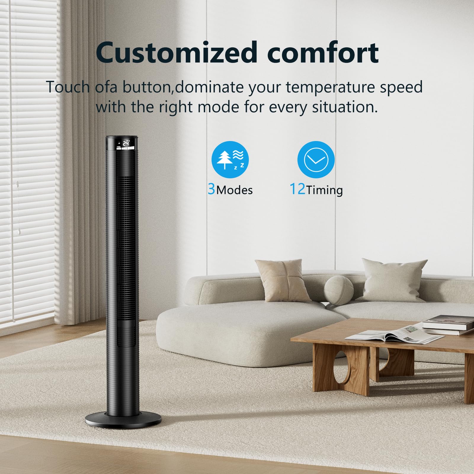46 Inch CIH Tower Fan - Powerful 24ft/s Velocity, Quiet Oscillating Bladeless Floor Fan with Remote Control, 3 Speed Modes, LED Display & 7.5H Timer - Ideal for Home, Bedroom, Office & Indoor Cooling (Black)