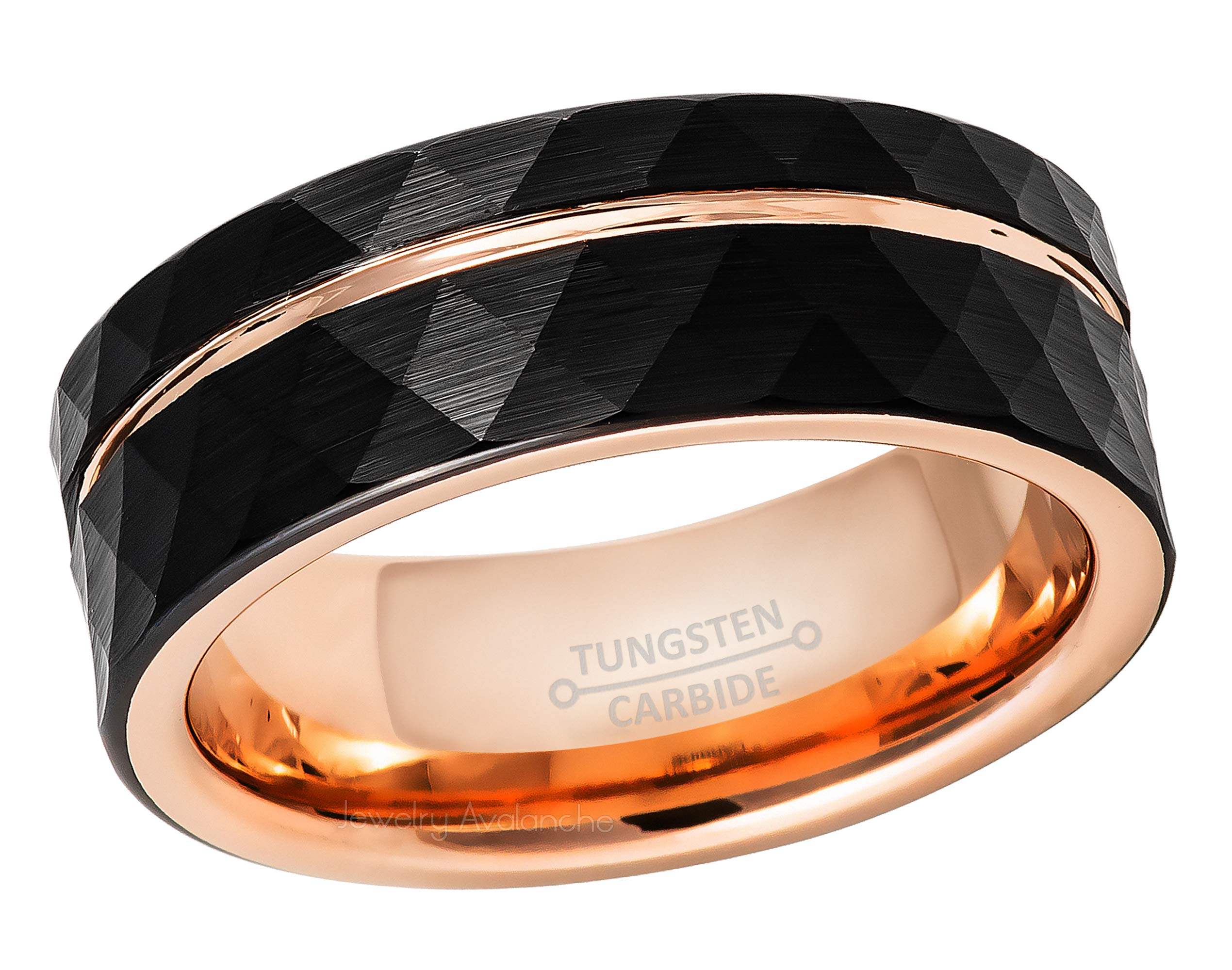 2-Tone Men's Tungsten Ring - Black & Rose Gold Hammered Finish, Pipe Cut Faceted Tungsten Carbide Wedding Band (8mm) - Durable & Scratch-Resistant for Everyday Wear, Anniversary Gifts & Special Occasions