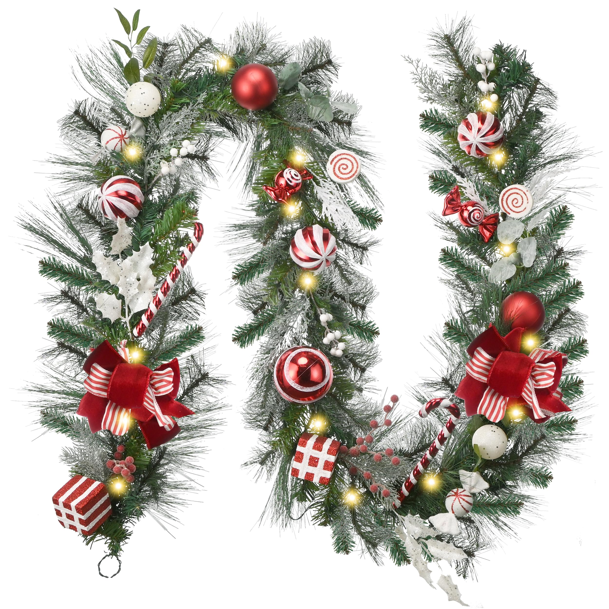 9ft Pre-Lit Christmas Garland with Battery Operated LED Lights - Red & White Candy Cane Decor for Fireplace Mantle, Front Door, Table Centerpiece - Indoor & Outdoor Holiday Decoration