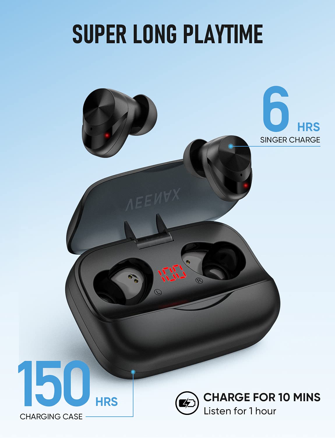 VEENAX X11 True Wireless Earbuds Bluetooth 5.0 Headphones with Touch Control, IPX5 Waterproof Sport Earphones, Built-in Mic & Deep Bass Stereo Sound, 150H Playtime USB-C Charging - Perfect for Running, Gym Workouts & Commuting (Black)