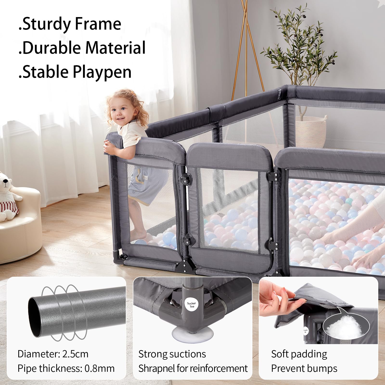 Baby Playpen with Door - Large Play Yard for Babies & Toddlers, Safe Baby Gate & Fence Play Area (Grey) - Perfect for Indoor Playtime, Nursery Safety & Childproofing