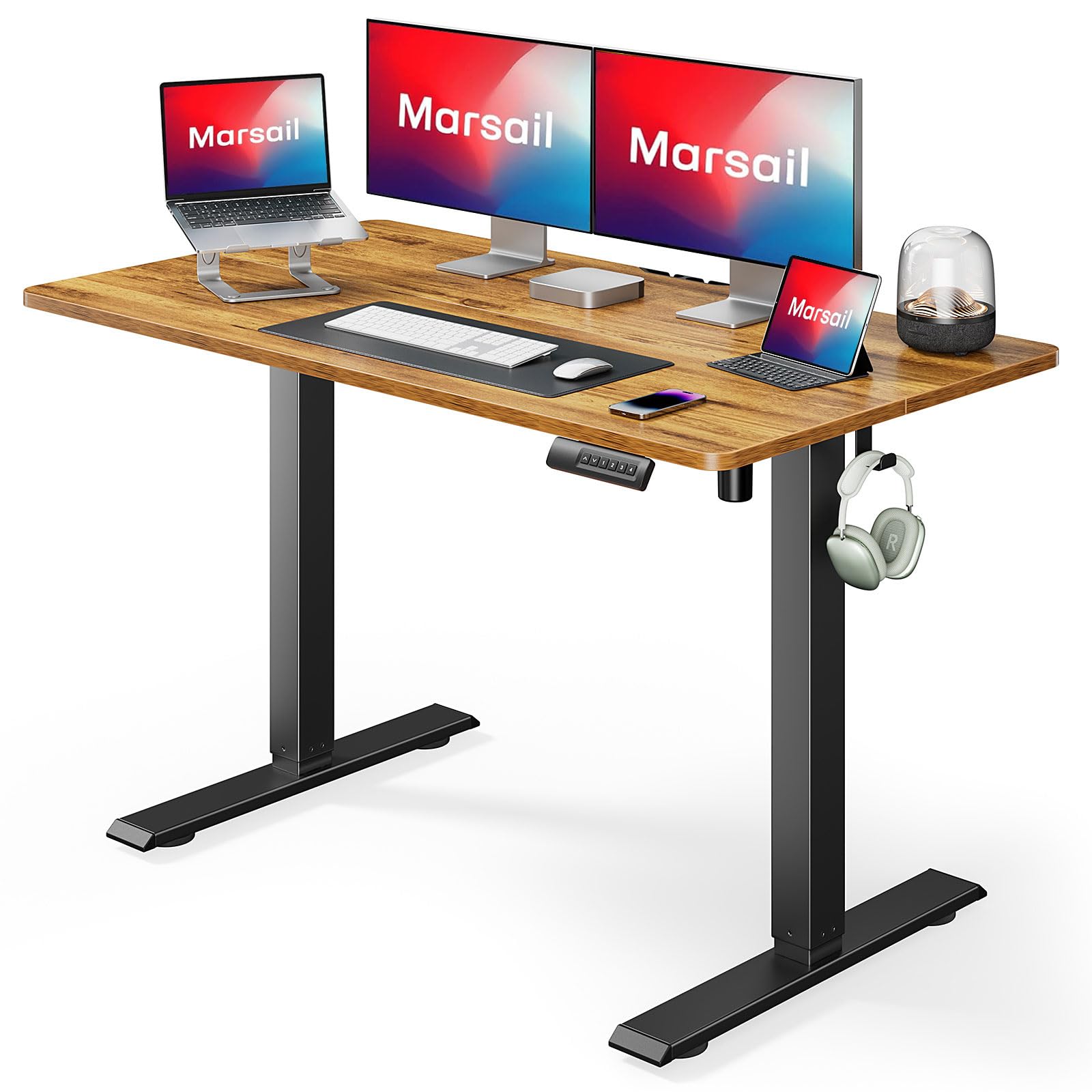 Marsail 48x24 Inch Electric Standing Desk with LED Lights - Adjustable Height Sit Stand Desk for Home Office, Computer Desk with 3 Memory Presets & Headphone Hook - Perfect for Remote Work, Gaming & Study Setup