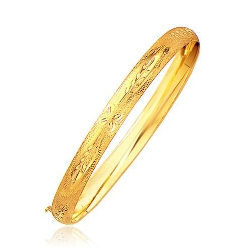 14K Yellow Gold Floral Carved Bangle Bracelet - 6.0mm Wide, Size 7 - Elegant Vintage Jewelry for Women, Perfect for Weddings, Anniversaries & Special Occasions