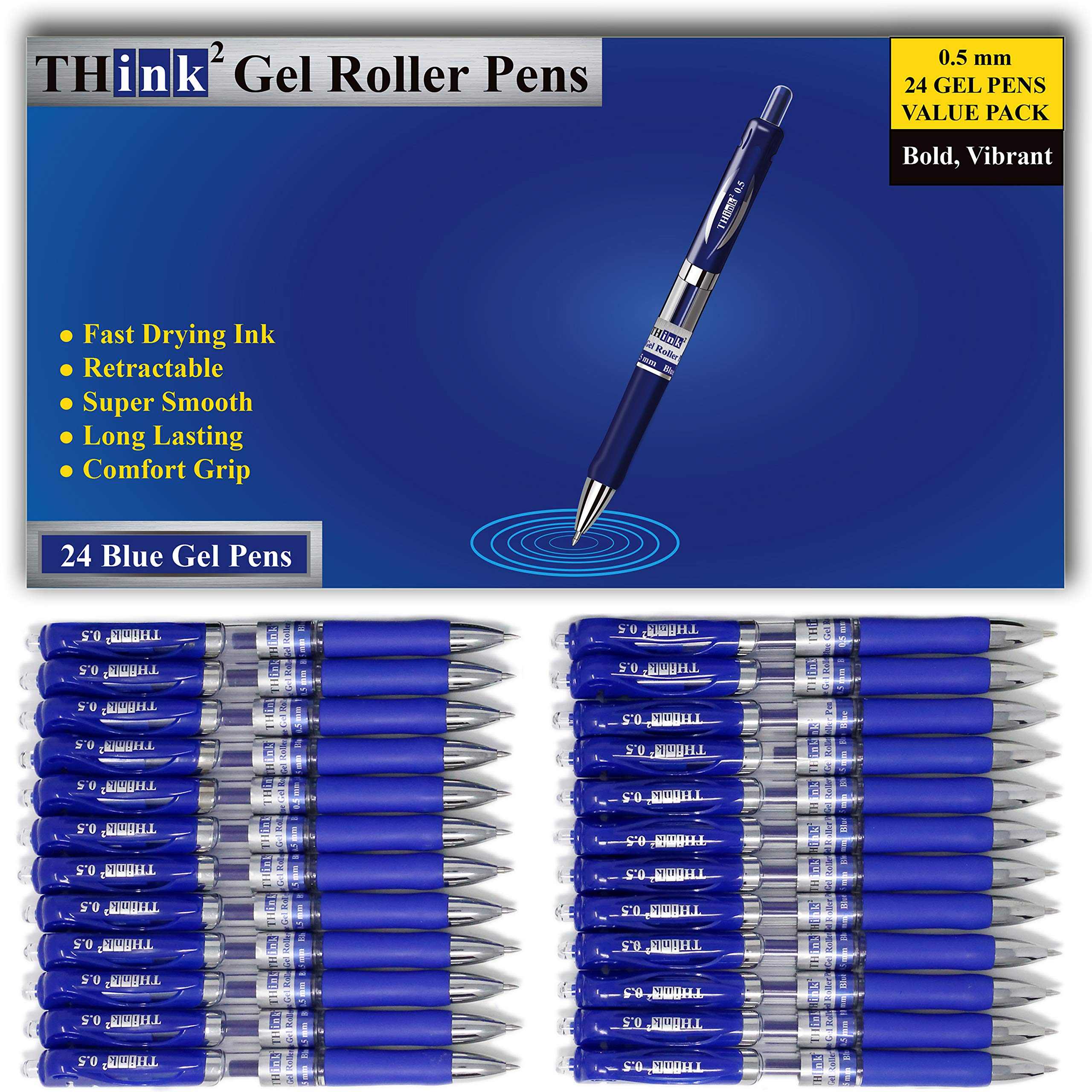 Think2Master 24 Pack Retractable Gel Pens - Blue Ink, Fine Point 0.5mm Rollerball Pens with Comfort Grip for Smooth Writing - Perfect for Office, School, Note Taking & Journaling