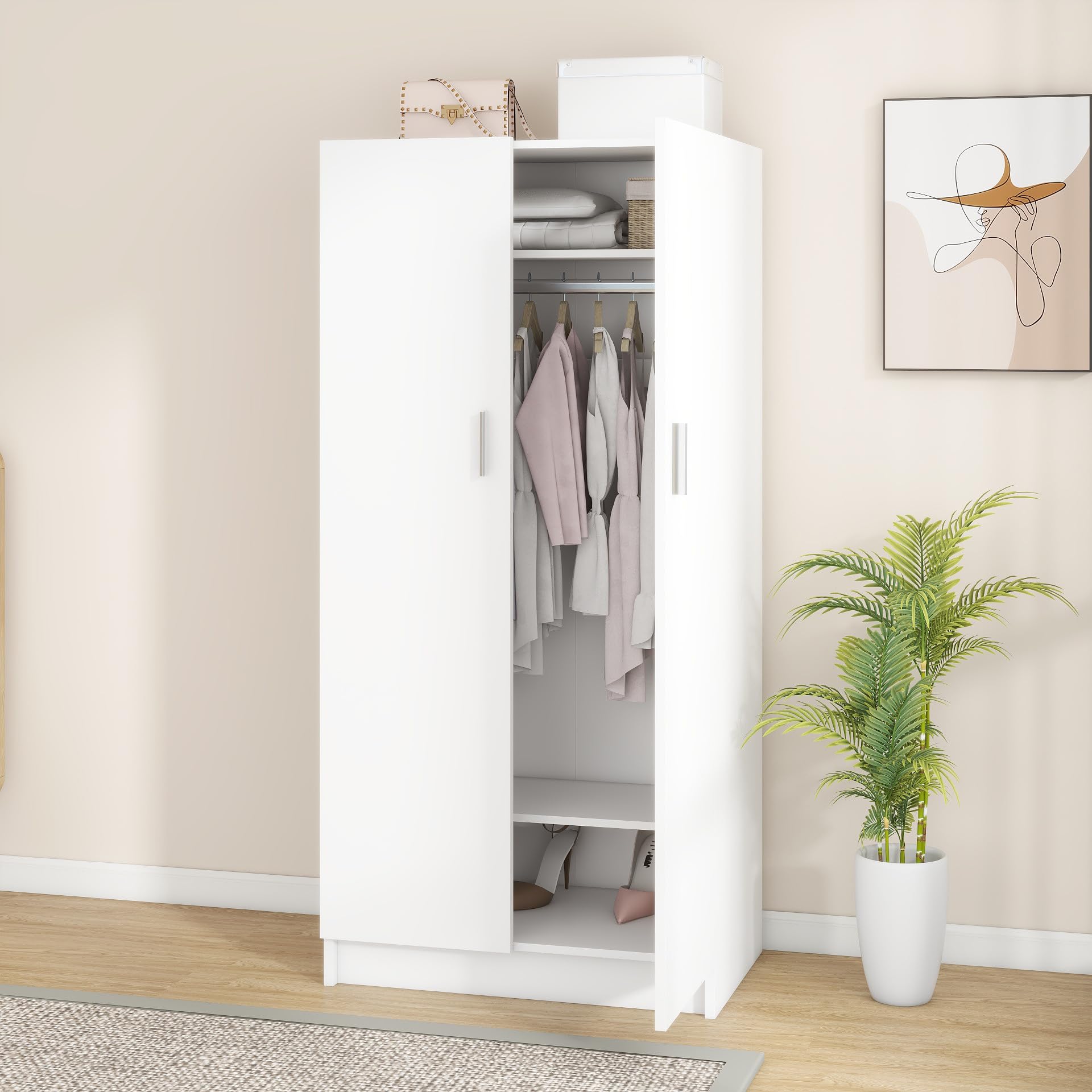 Panana 2 Door Wardrobe Closet - White Bedroom Storage Cabinet with Shelves & Hanging Rod - Perfect for Bedroom, Guest Room, Apartment & Dorm Organization