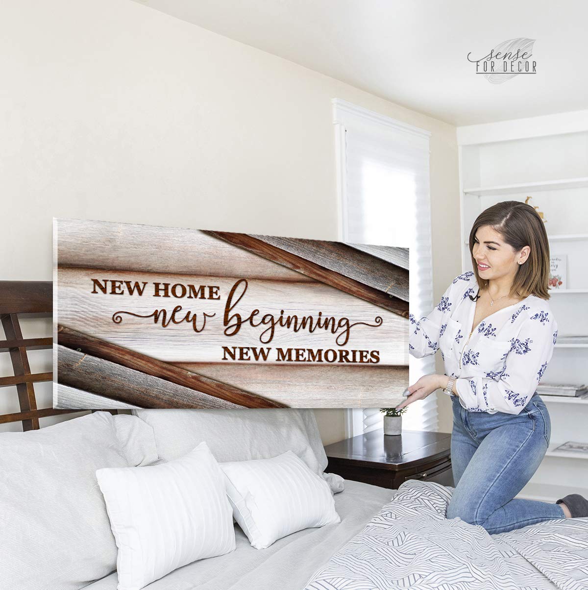 Wooden Framed Canvas Wall Art - Sense of Art New Home New Beginning V15 - Rustic Brown Housewarming Gift (42x19 Inch) - Perfect for Living Room, Religious & Farmhouse Decor - Ideal for Housewarming Parties & Cozy Home Styling