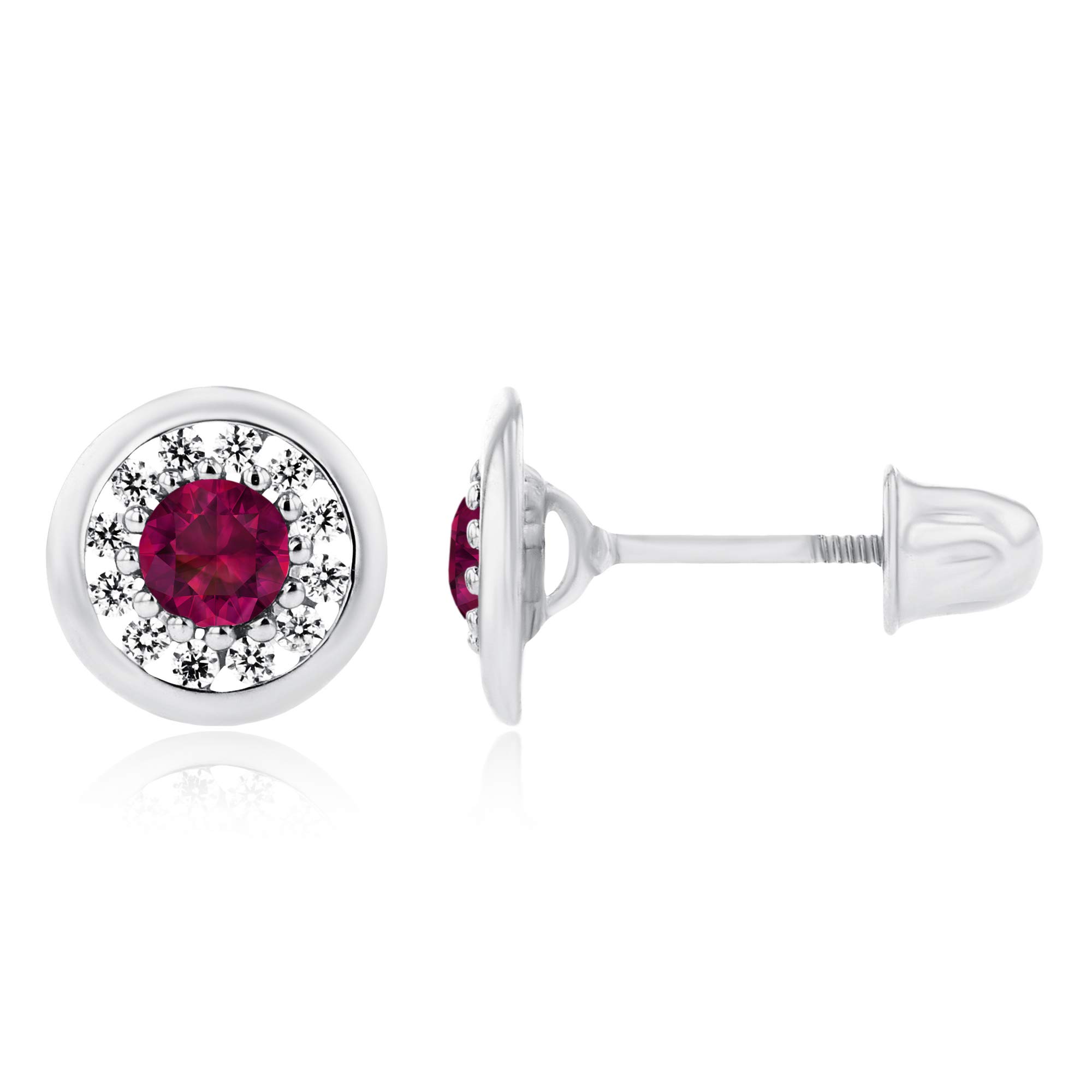 14K Solid Gold 7mm Circle Natural Birthstone Screwback Stud Earrings for Women | 3mm Birthstone & 1mm White Sapphire Pave Earrings | Elegant Jewelry Gift for Birthday, Anniversary & Special Occasions