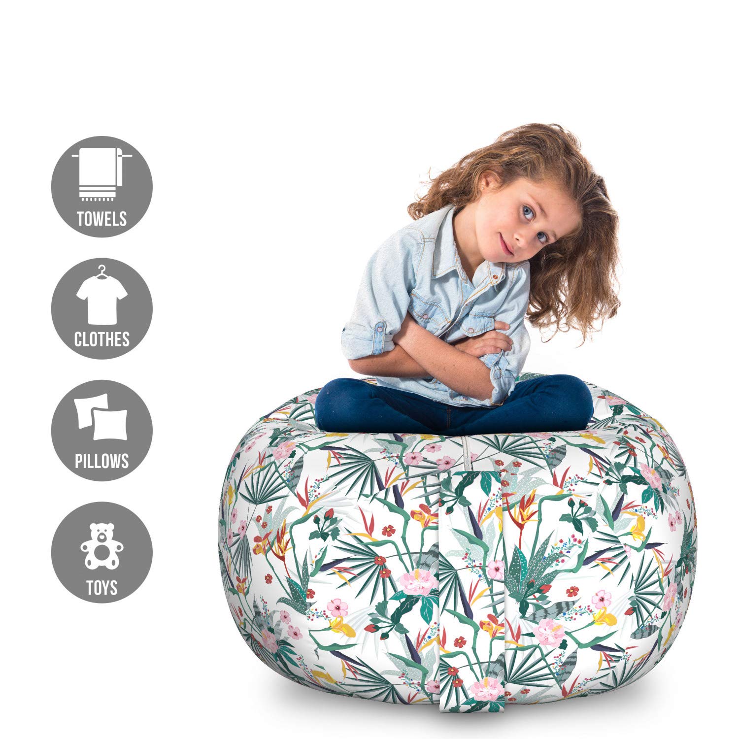 Ambesonne Floral Storage Toy Bag Chair - Large Washable Stuffed Animal Organizer with Exotic Flower Gardenia Daffodil Rose Buds Design | Perfect for Kids' Room, Nursery, Playroom & Home Organization (White Multicolor)