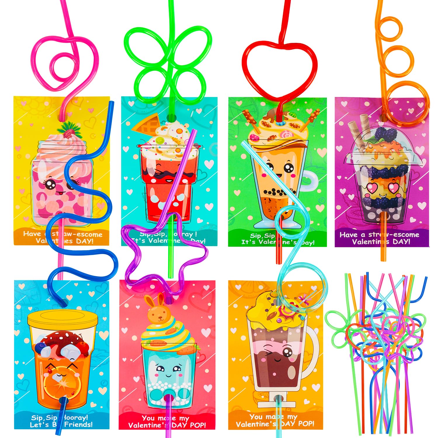 28 PCS Valentine's Day Cards for Kids with Crazy Loop Bendy Straws - Bulk Classroom Party Favors, School Exchange Cards, Prizes & Gifts for Boys & Girls | Perfect for Valentine's Parties, School Activities & Holiday Celebrations
