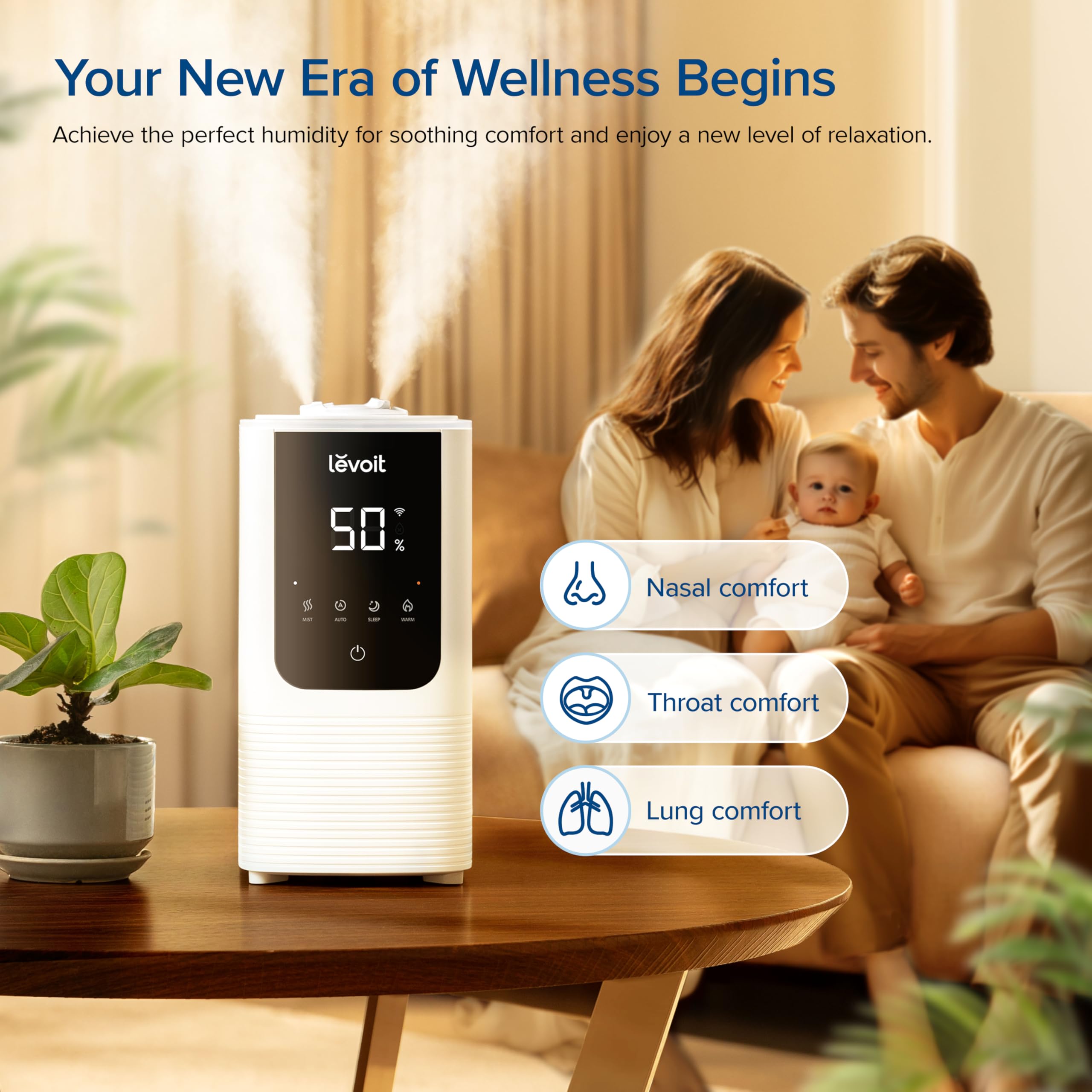 LEVOIT 4.5L Smart Humidifier with Cool & Warm Mist - Ultrasonic Top Fill Air Humidifier for Large Bedrooms, Home, Baby & Plants | Auto Humidity Control, Quiet Operation, Essential Oil Diffuser | Perfect for Dry Air Relief, Allergy Season & Nursery Comfort