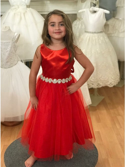 Navy Blue Satin Tulle Flower Girl Dress with Adjustable Belt - Elegant Formal Occasion Dress for Weddings, Parties & Special Events