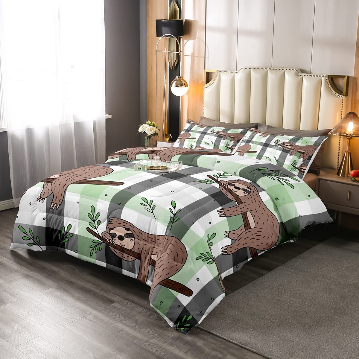 Jungle Animal Bedding Set Full Size - Sloth Tree Branch Comforter Set for Boys & Girls, Grey Green Checked Rustic Duvet Cover - Perfect for Teen Bedrooms, Kids Room Decor & Cozy Home Gifts
