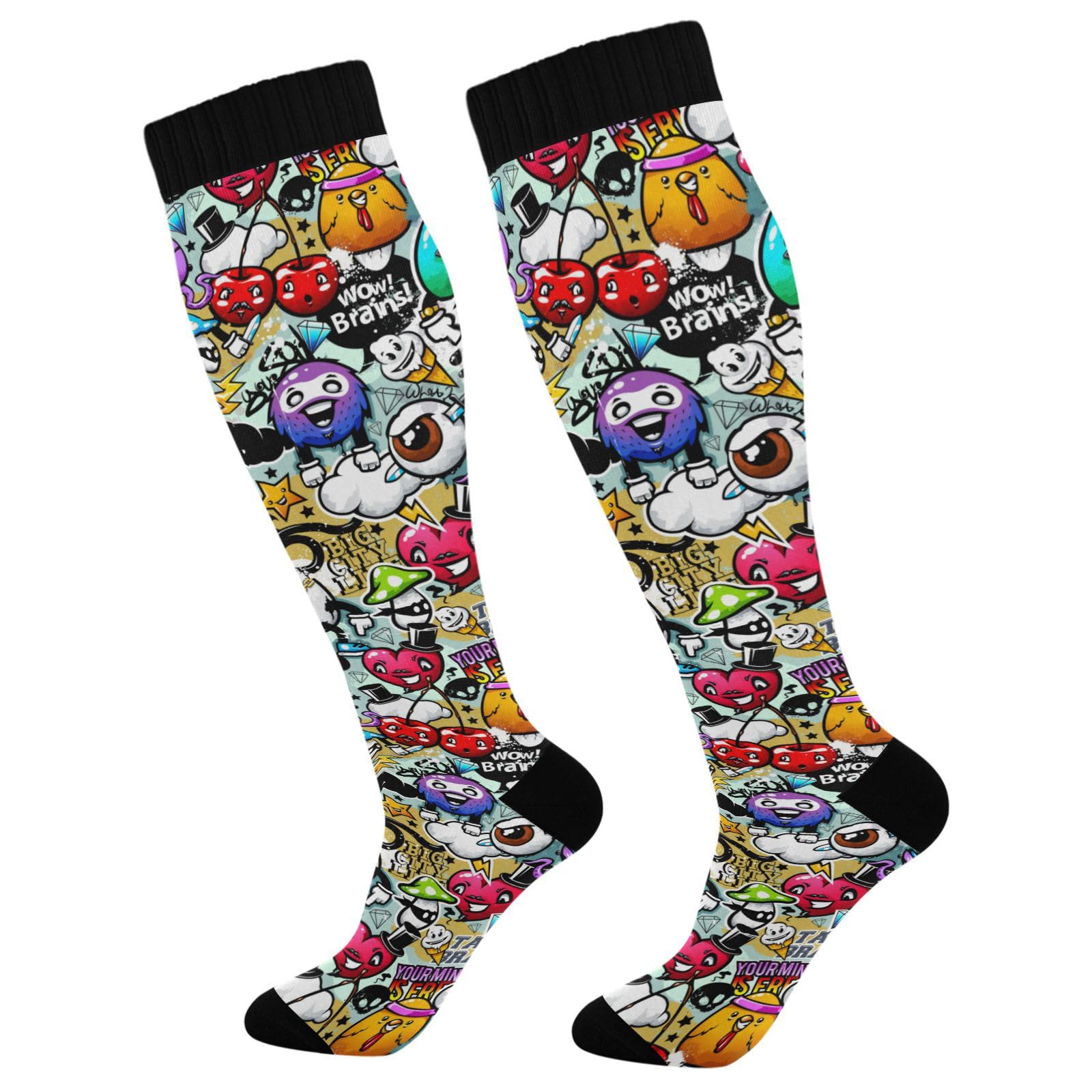 JUNZAN Compression Knee High Socks for Men & Kids - Graffiti Design Athletic Socks for Running, Sports, Nursing - Breathable Support Socks for Workout, Hospital Shifts & Daily Wear