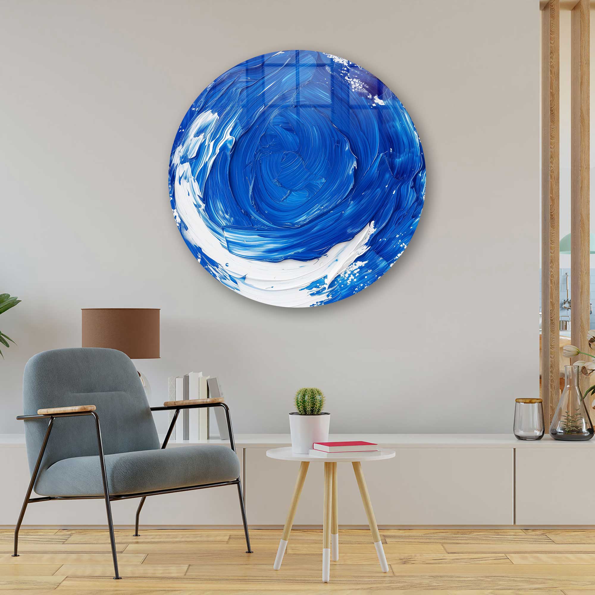 Abstract Ocean Blue Rounded Glass Wall Art - Modern Home Decor for Living Room, Bedroom & Office - Handmade Glass Artwork for Coastal & Contemporary Interior Design
