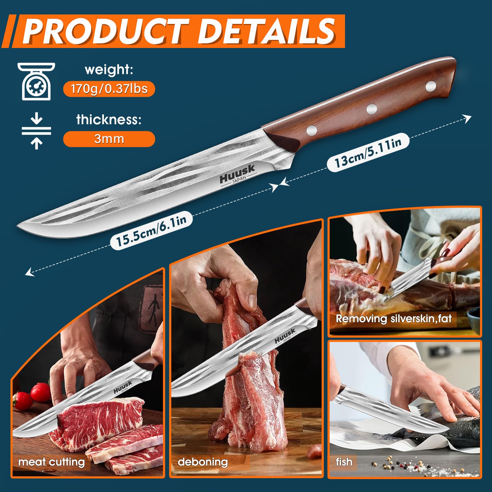 Premium Japanese Huusk 7-Inch Fillet Knife - High Carbon Steel Hand-Forged Boning Knife with Sheath | Professional Meat Cutting, Kitchen Cooking & Camping BBQ Tool | Ideal for Chefs, Home Cooks & Outdoor Enthusiasts | Perfect Father's Day Gift for Grilling & Food Preparation