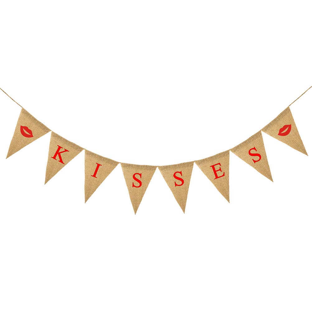 Valentine's Day Kisses Letter Garland - Lip Print Linen Banner for Wedding, Engagement & Party Decorations | Romantic Hanging Decor for Valentine's Party, Bridal Shower & Anniversary Celebrations