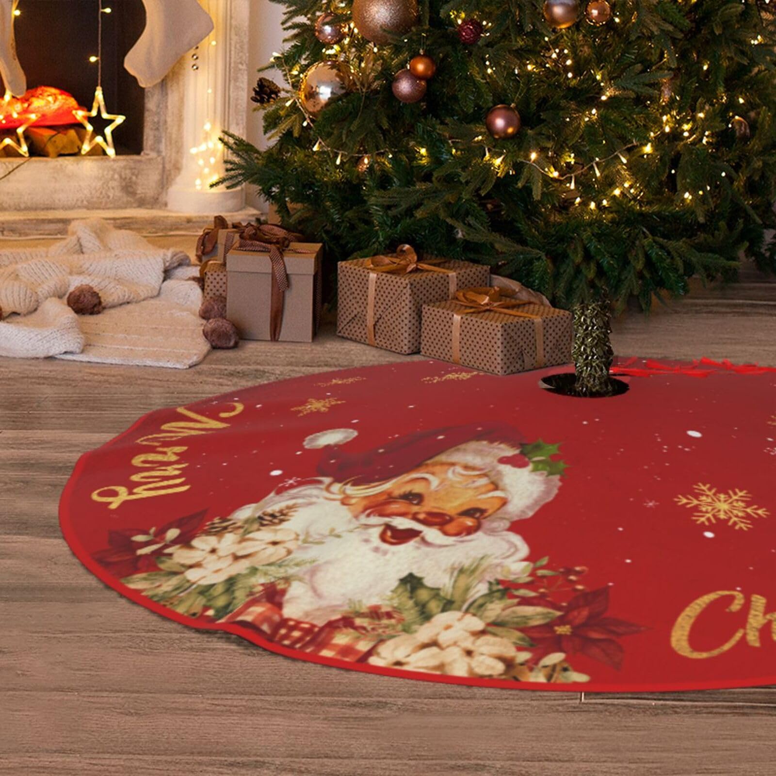 Red and Gold Christmas Tree Skirt with Santa Claus & Snowflake Pattern - 48 Inch Holiday Decor for Indoor/Outdoor Xmas Party, Home, Church & Office Decorations | Perfect for Christmas Tree Base, Festive Gatherings & Seasonal Photo Backdrops