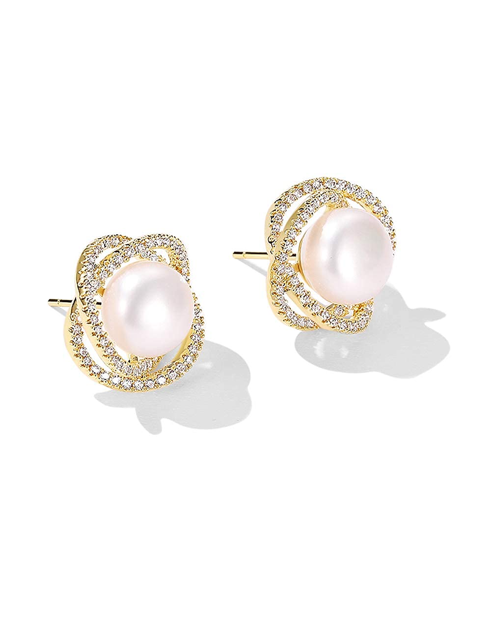 Elegant White Pearl Stud Earrings for Women - Cultured Freshwater Pearls with CZ Pave Setting | Perfect for Weddings, Parties & Everyday Wear