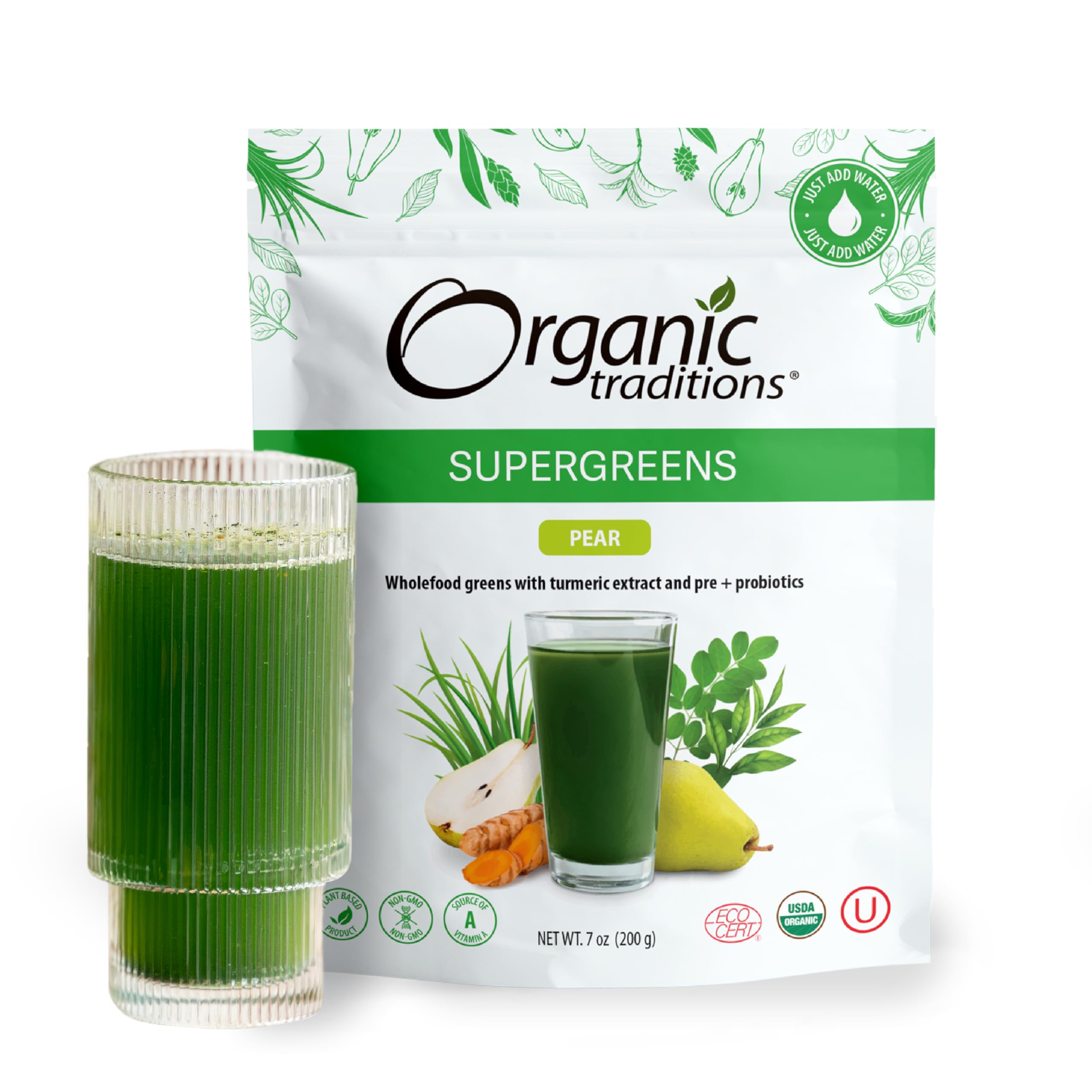 Organic Traditions Super Greens Powder with Turmeric & Pear Flavor - 200g (7oz) | Antioxidant-Rich Superfood Blend for Smoothies, Juices & Daily Wellness Boost | USDA Certified Organic Greens Supplement